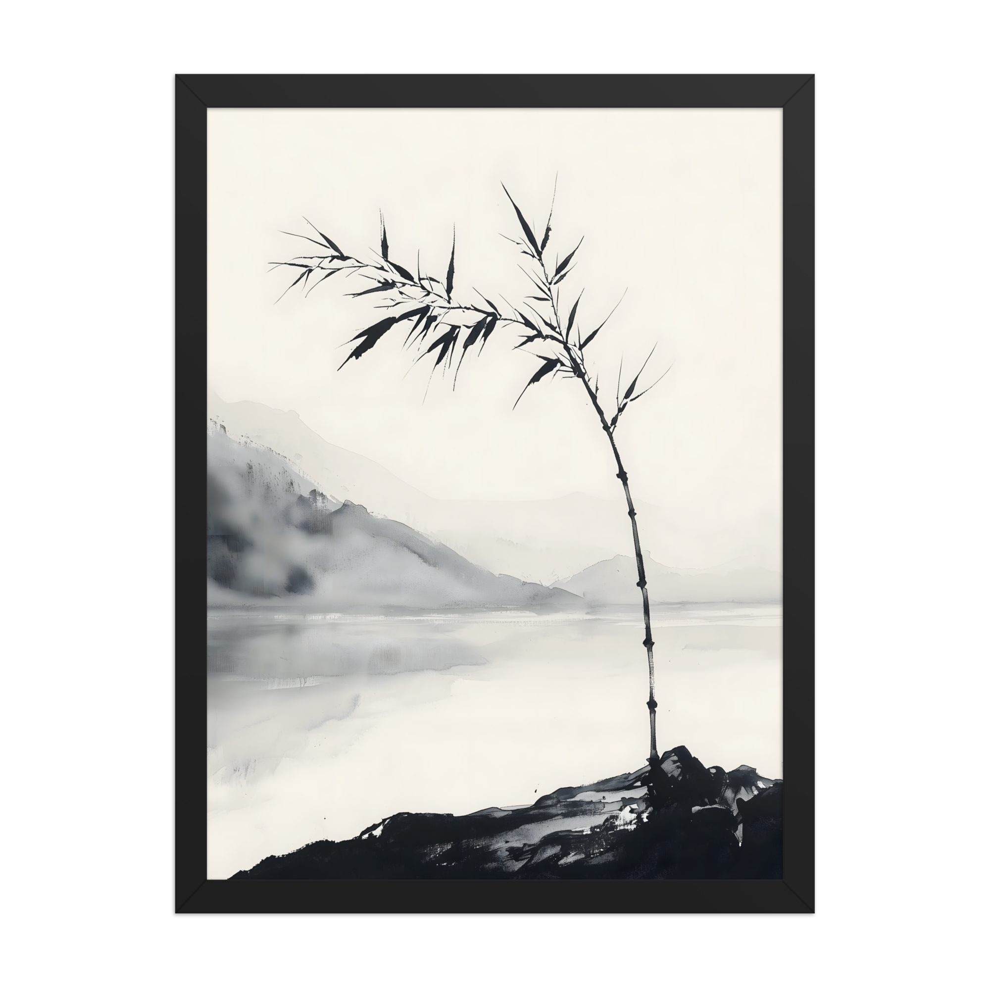 Bamboo in Wind — Japandi zen ink framed print, minimalist Japanese wall art