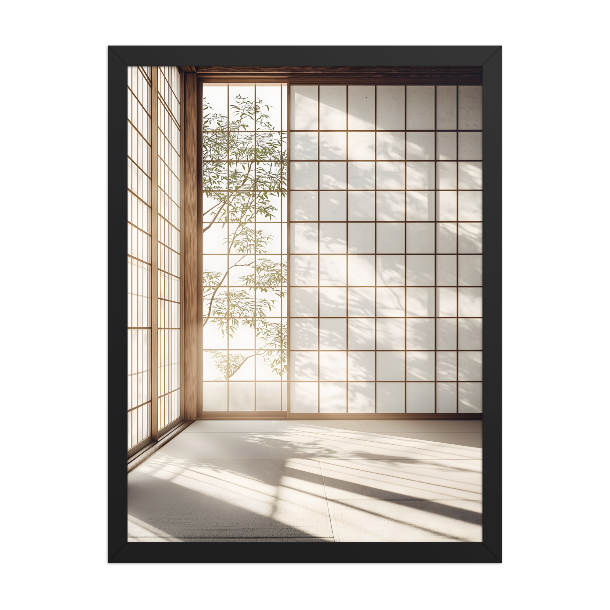 Shoji Light — Japandi komorebi framed print, minimalist Japanese wall art