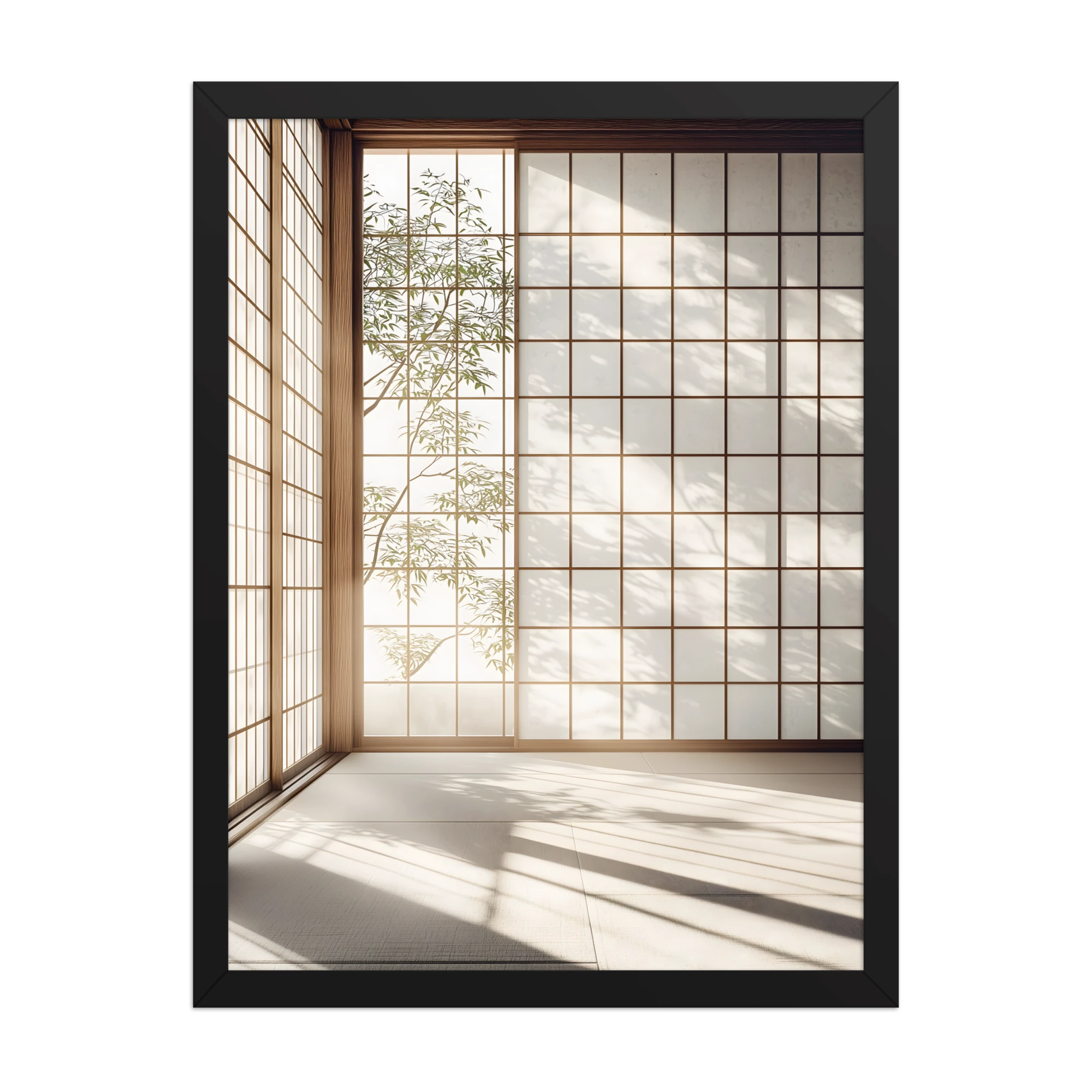 Shoji Light — Japandi komorebi framed print, minimalist Japanese wall art