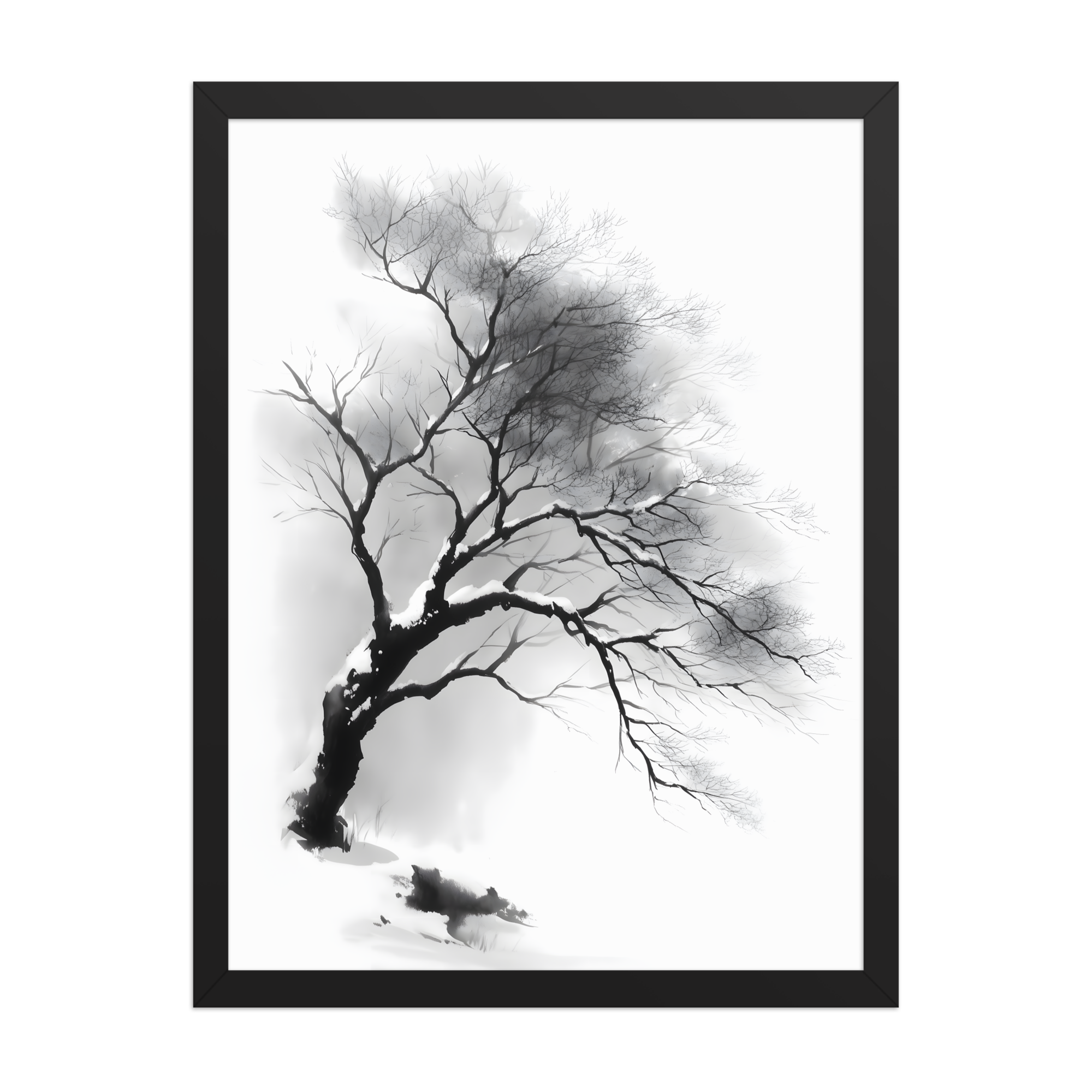 Winter Branch — Japandi zen ink framed print, minimalist Japanese wall art