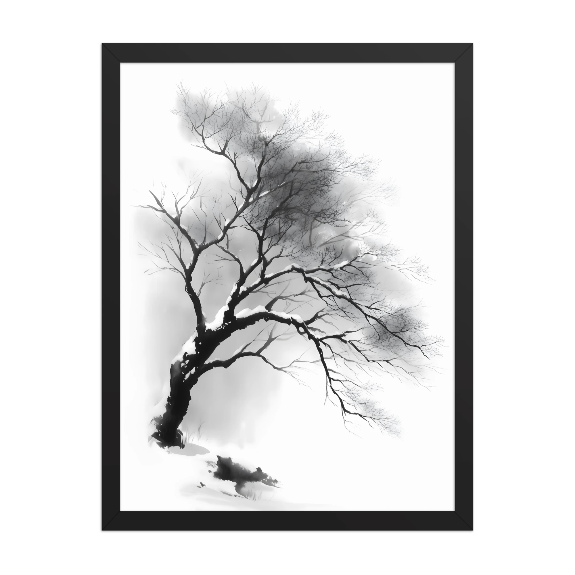 Winter Branch — Japandi zen ink framed print, minimalist Japanese wall art