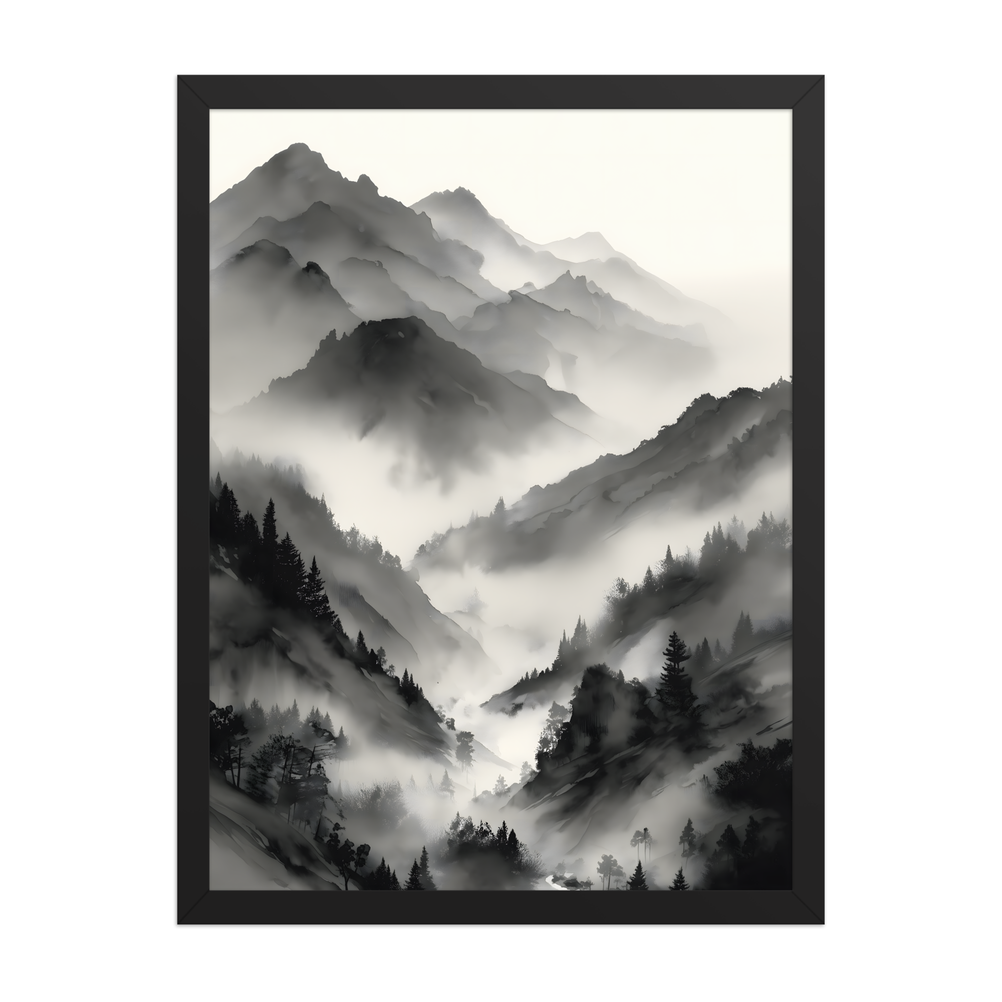 Mist Valley — Japandi zen ink framed print, minimalist Japanese wall art