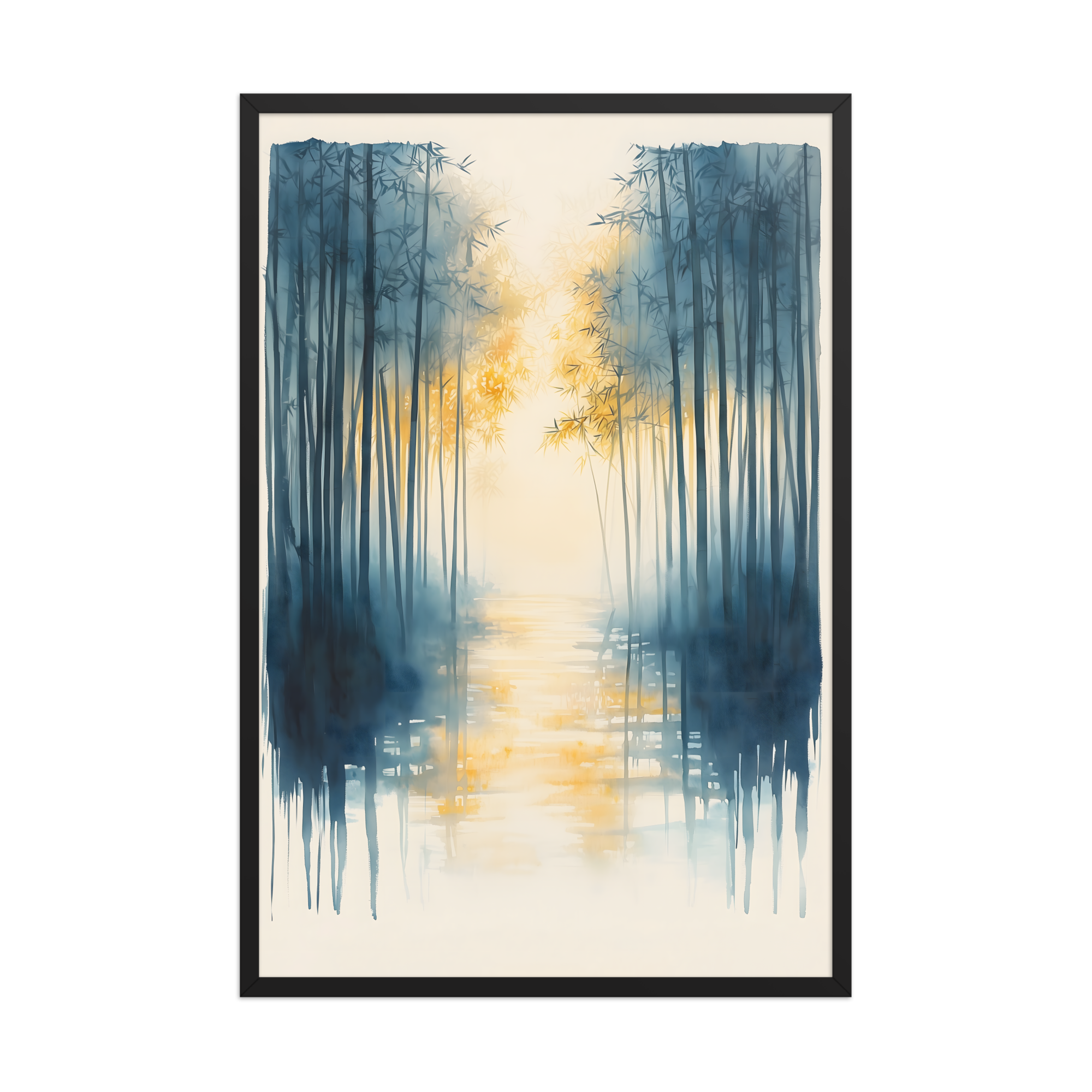 Morning Mist — Japandi komorebi framed print, minimalist Japanese wall art