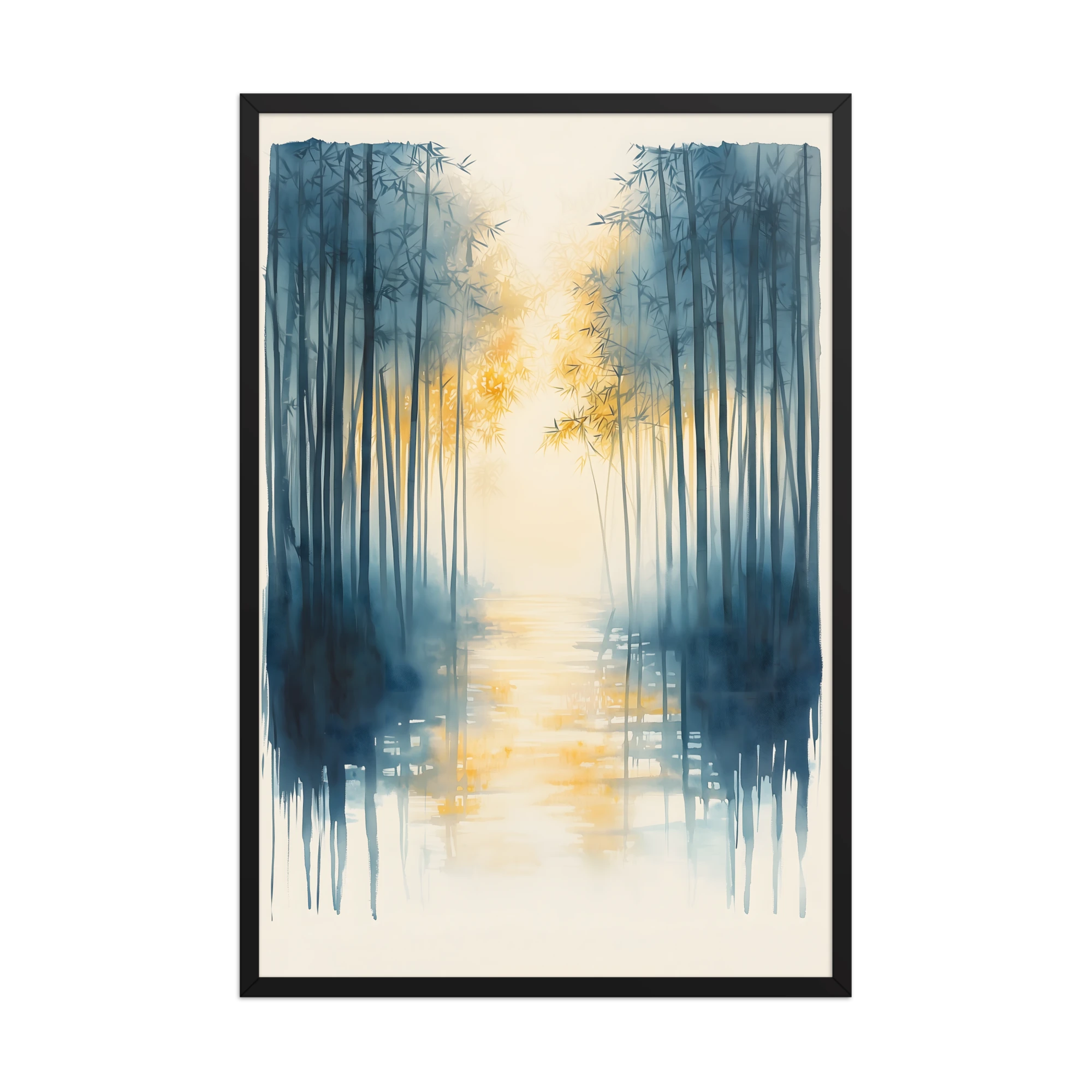 Morning Mist — Japandi komorebi framed print, minimalist Japanese wall art