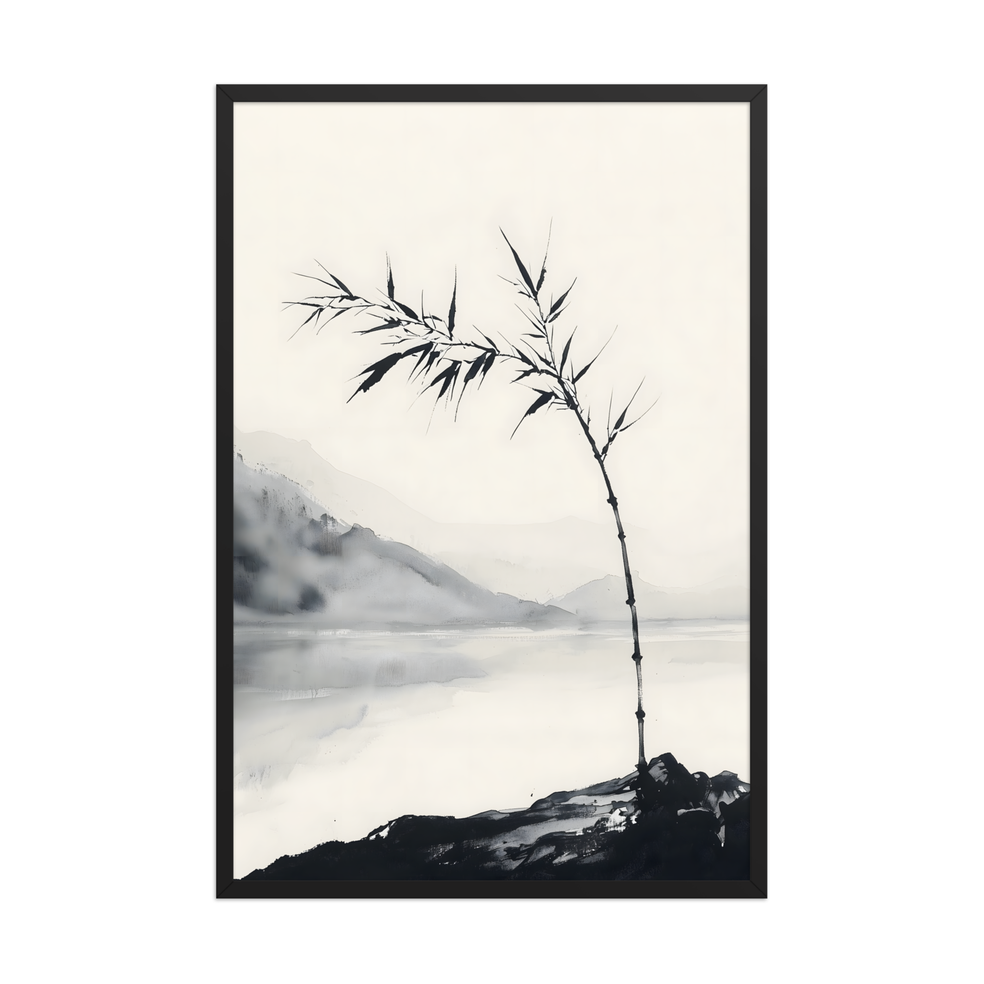 Bamboo in Wind — Japandi zen ink framed print, minimalist Japanese wall art