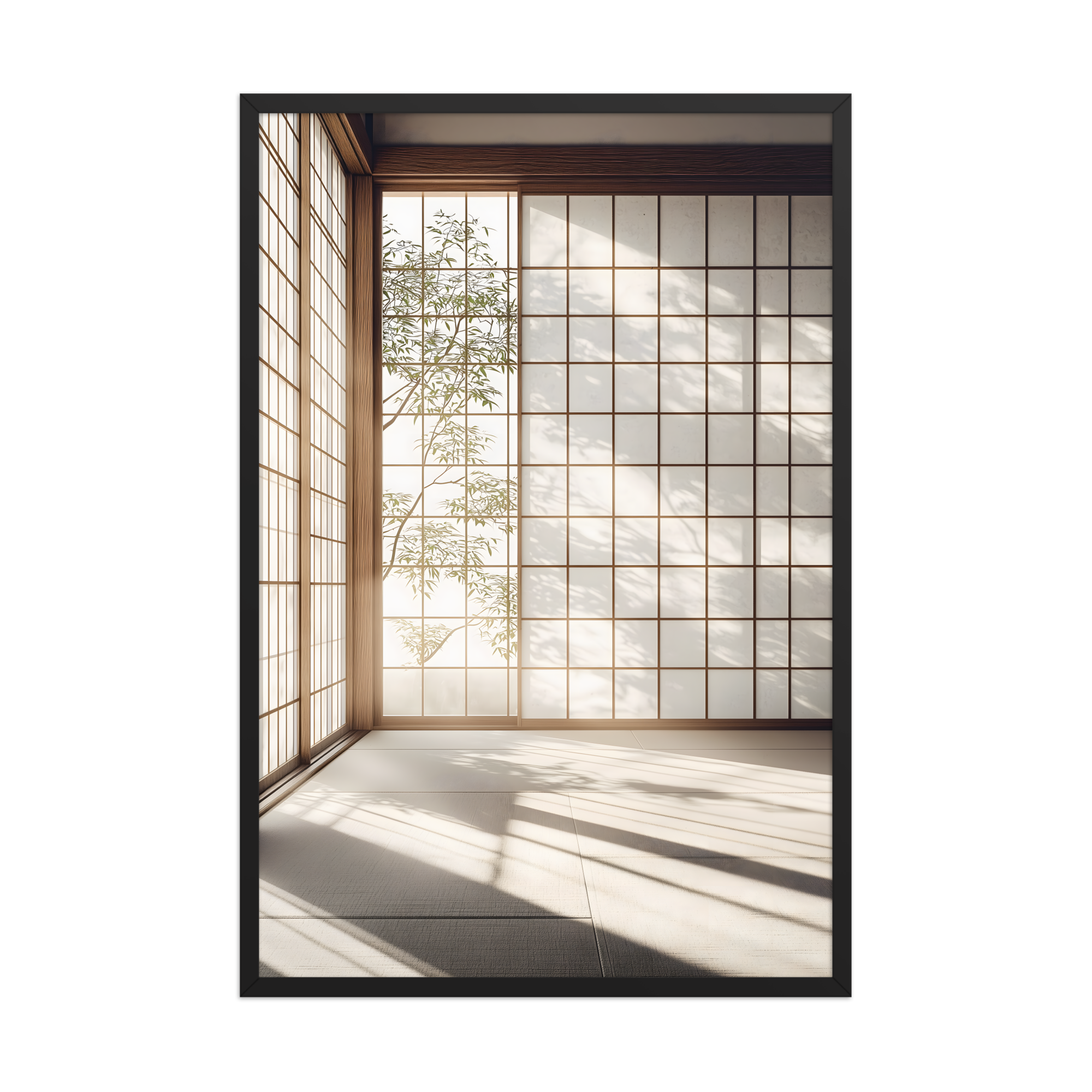 Shoji Light — Japandi komorebi framed print, minimalist Japanese wall art