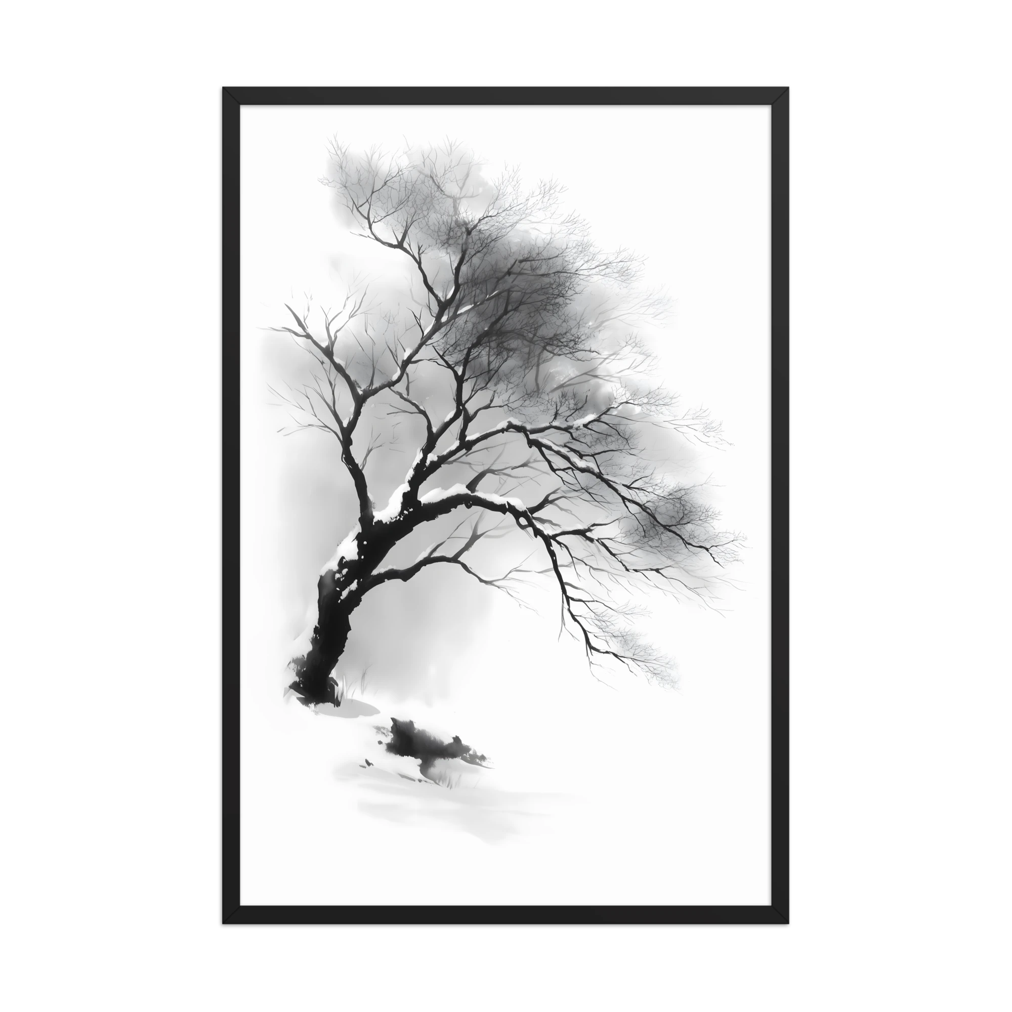 Winter Branch — Japandi zen ink framed print, minimalist Japanese wall art