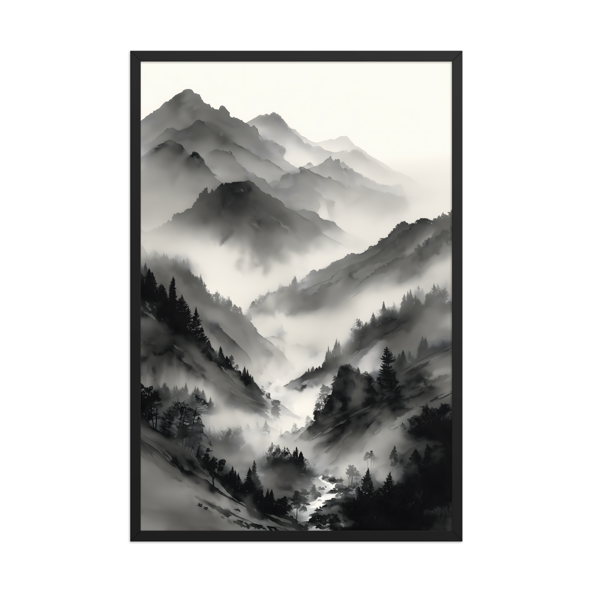 Mist Valley — Japandi zen ink framed print, minimalist Japanese wall art