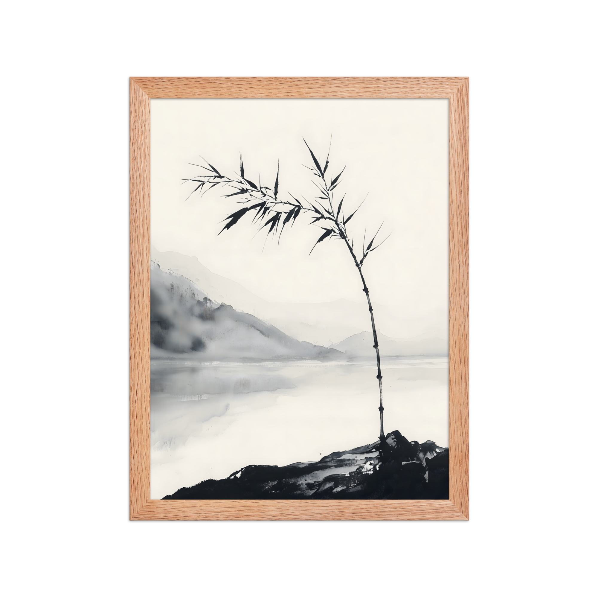 Bamboo in Wind — Japandi zen ink framed print, minimalist Japanese wall art