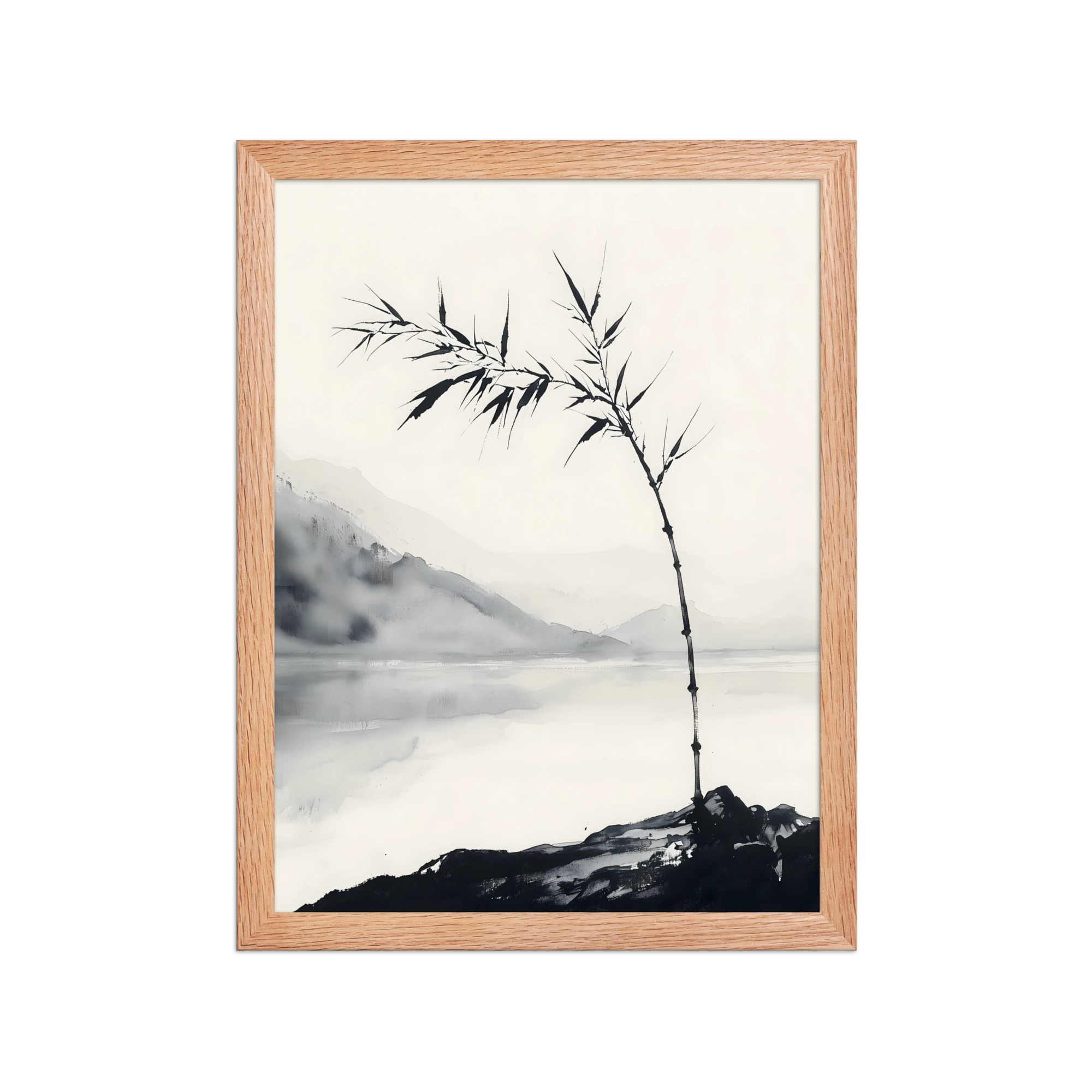 Bamboo in Wind — Japandi zen ink framed print, minimalist Japanese wall art
