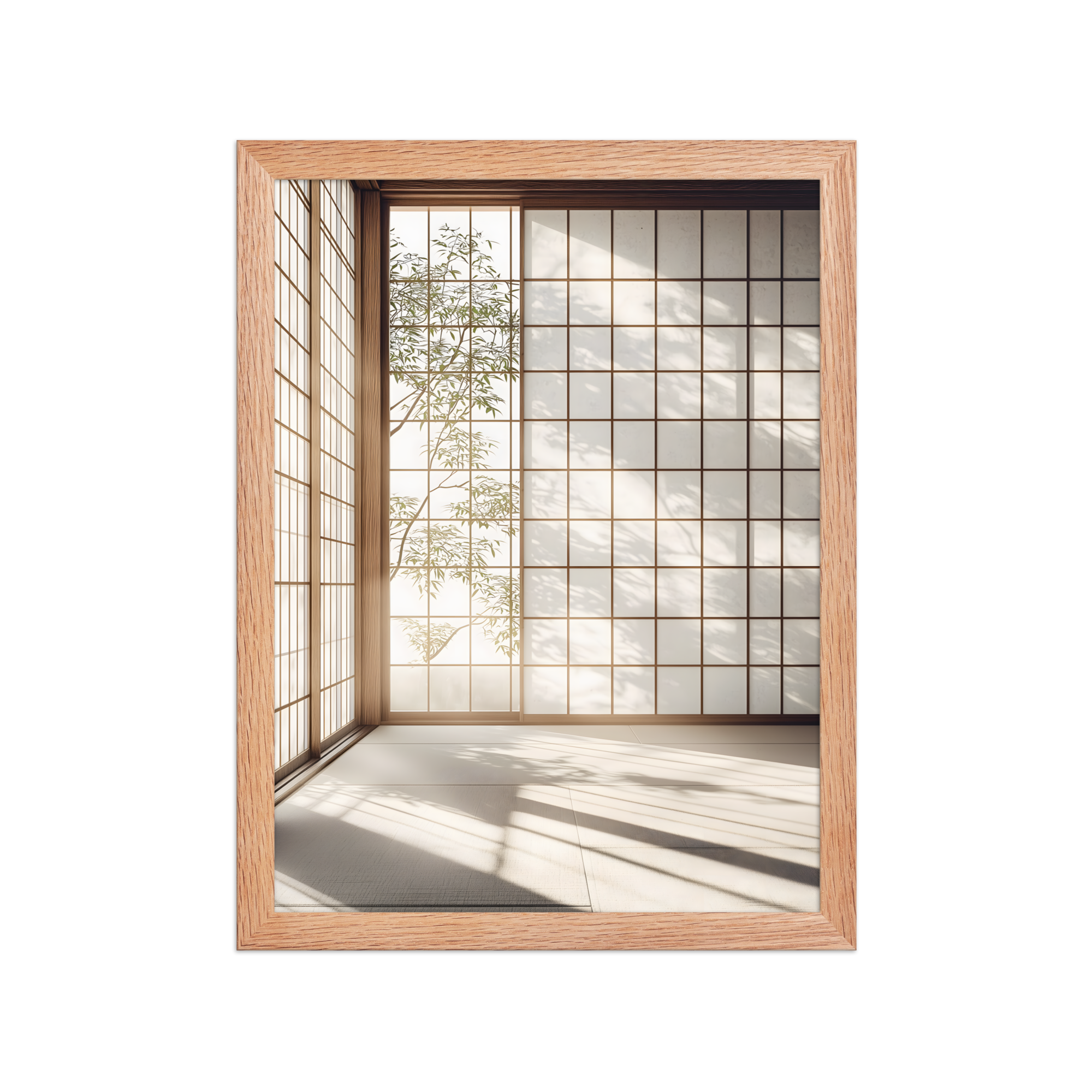 Shoji Light — Japandi komorebi framed print, minimalist Japanese wall art