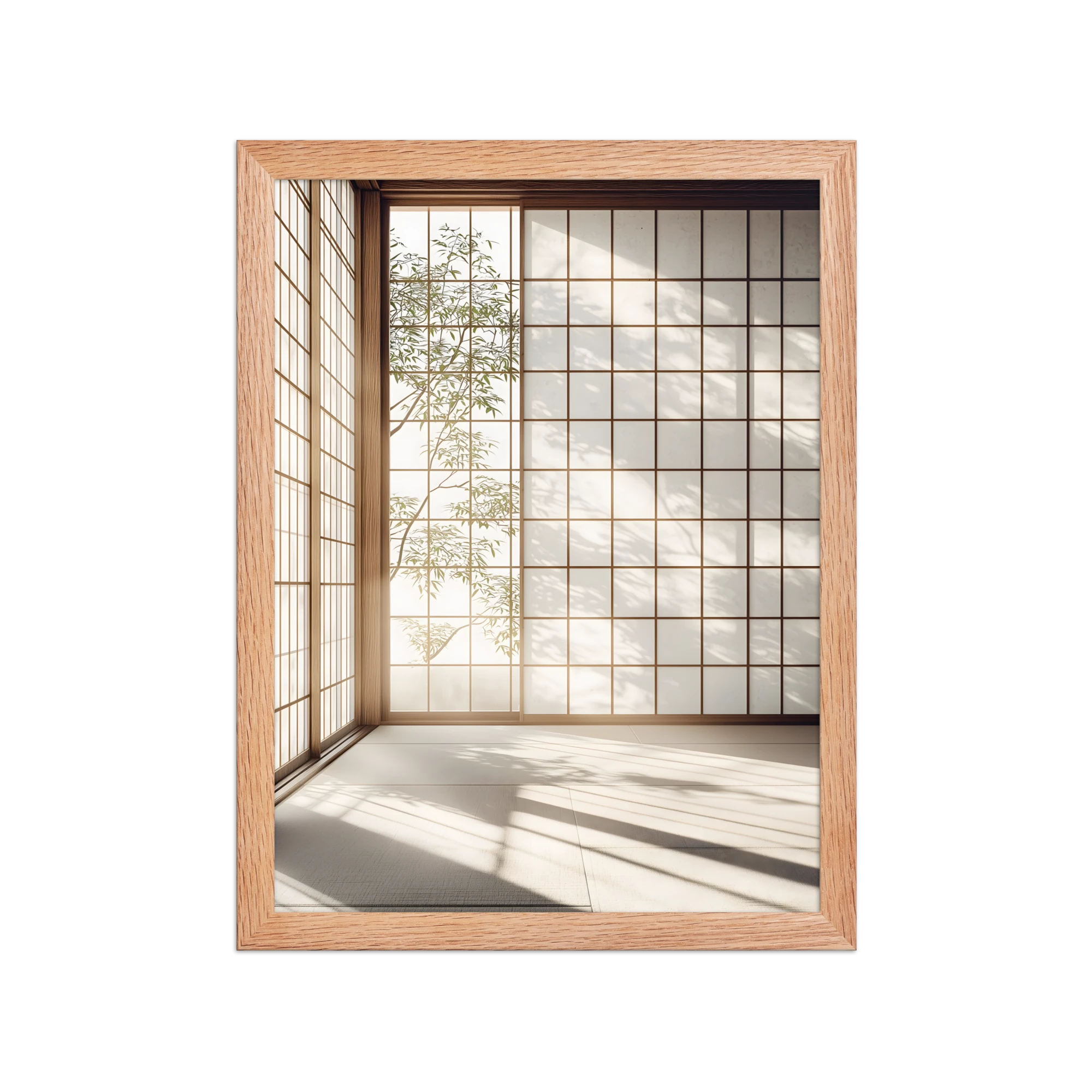 Shoji Light — Japandi komorebi framed print, minimalist Japanese wall art