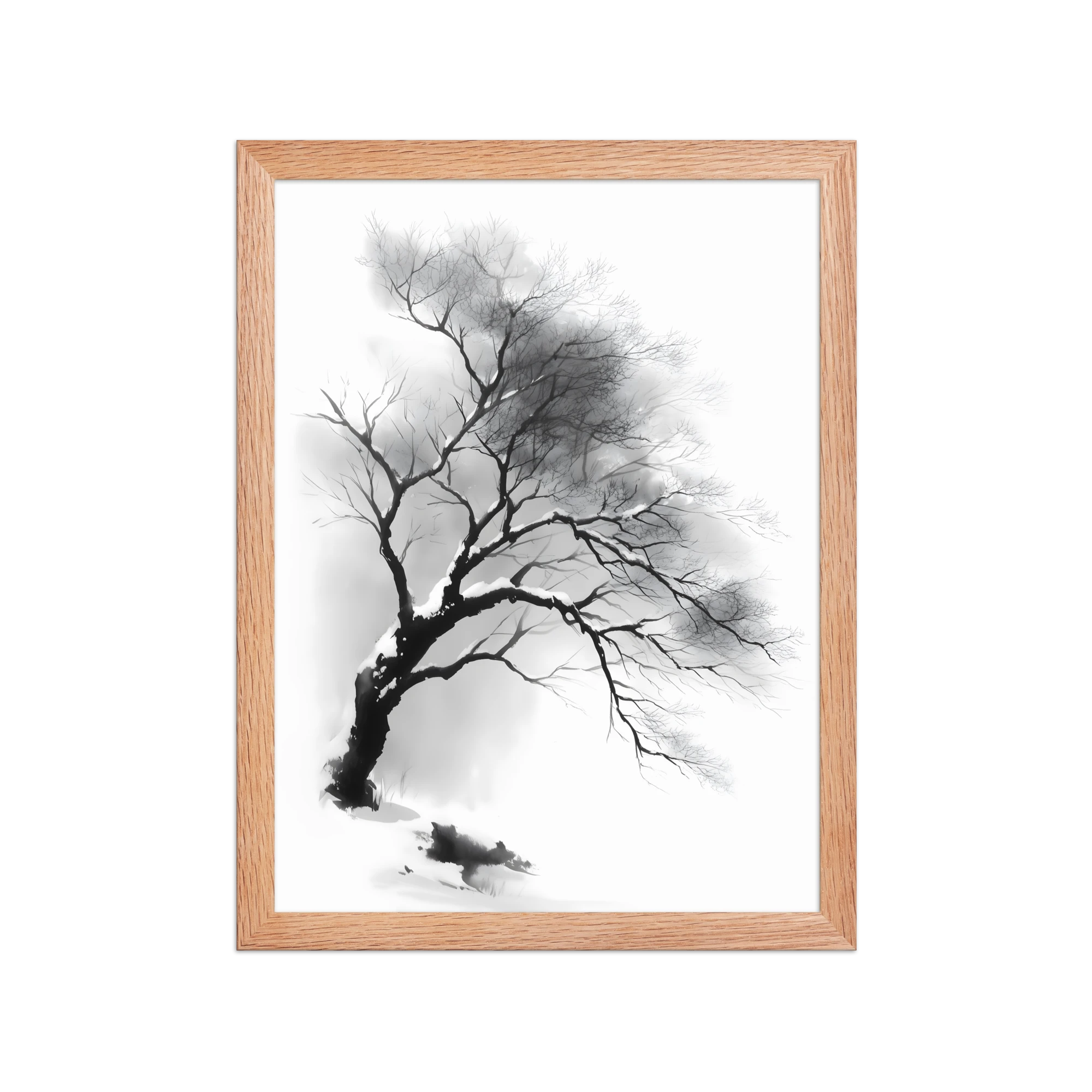 Winter Branch — Japandi zen ink framed print, minimalist Japanese wall art