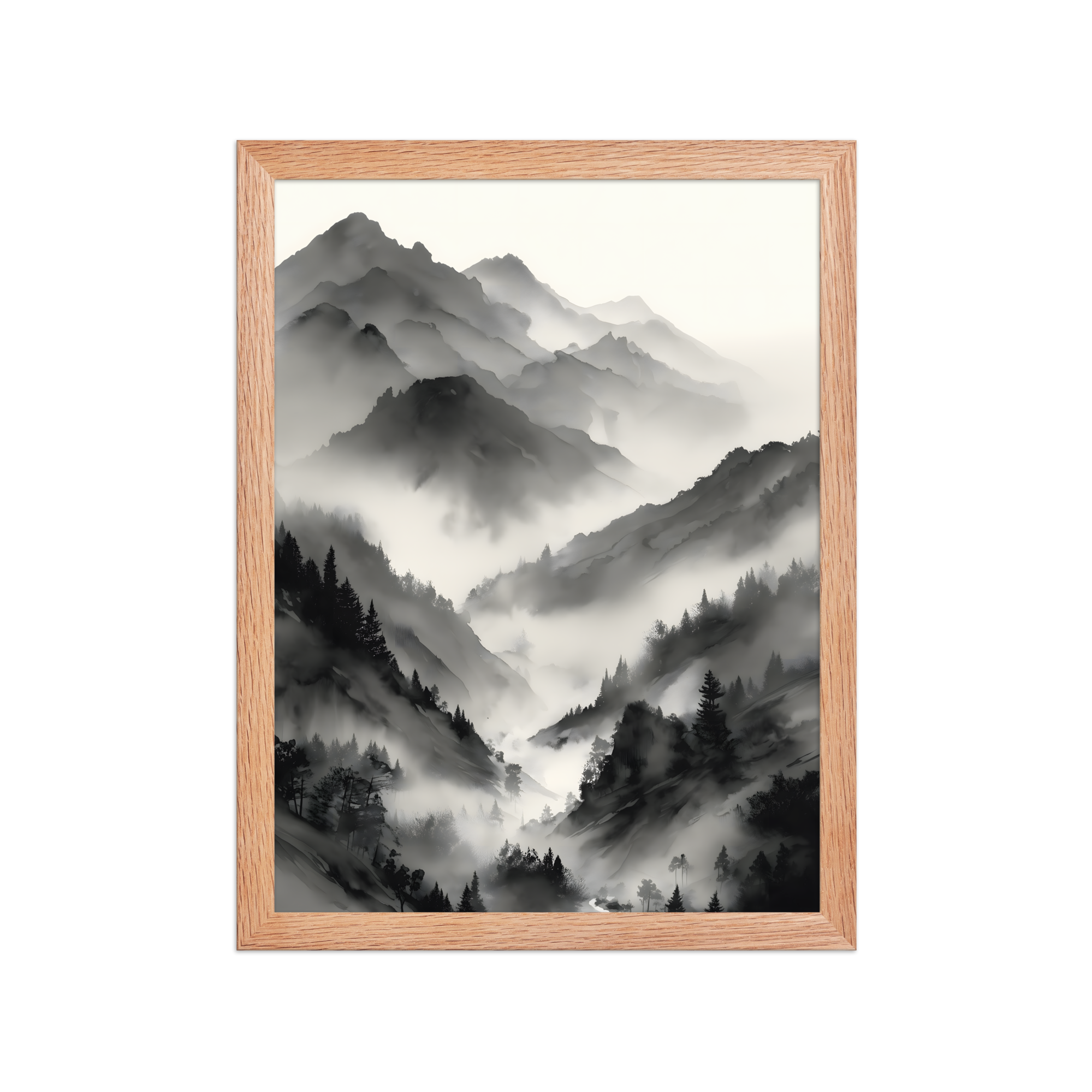 Mist Valley — Japandi zen ink framed print, minimalist Japanese wall art