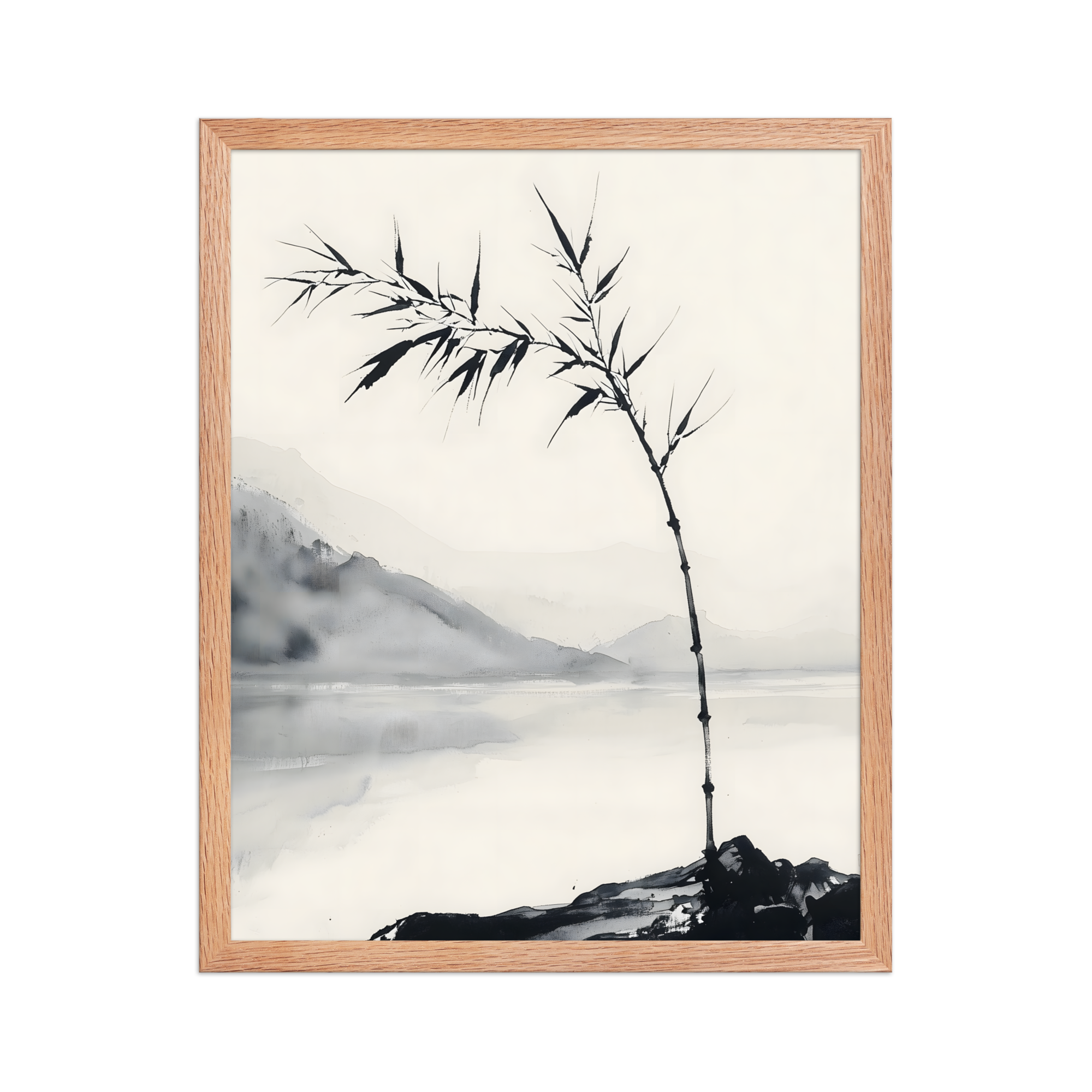 Bamboo in Wind — Japandi zen ink framed print, minimalist Japanese wall art