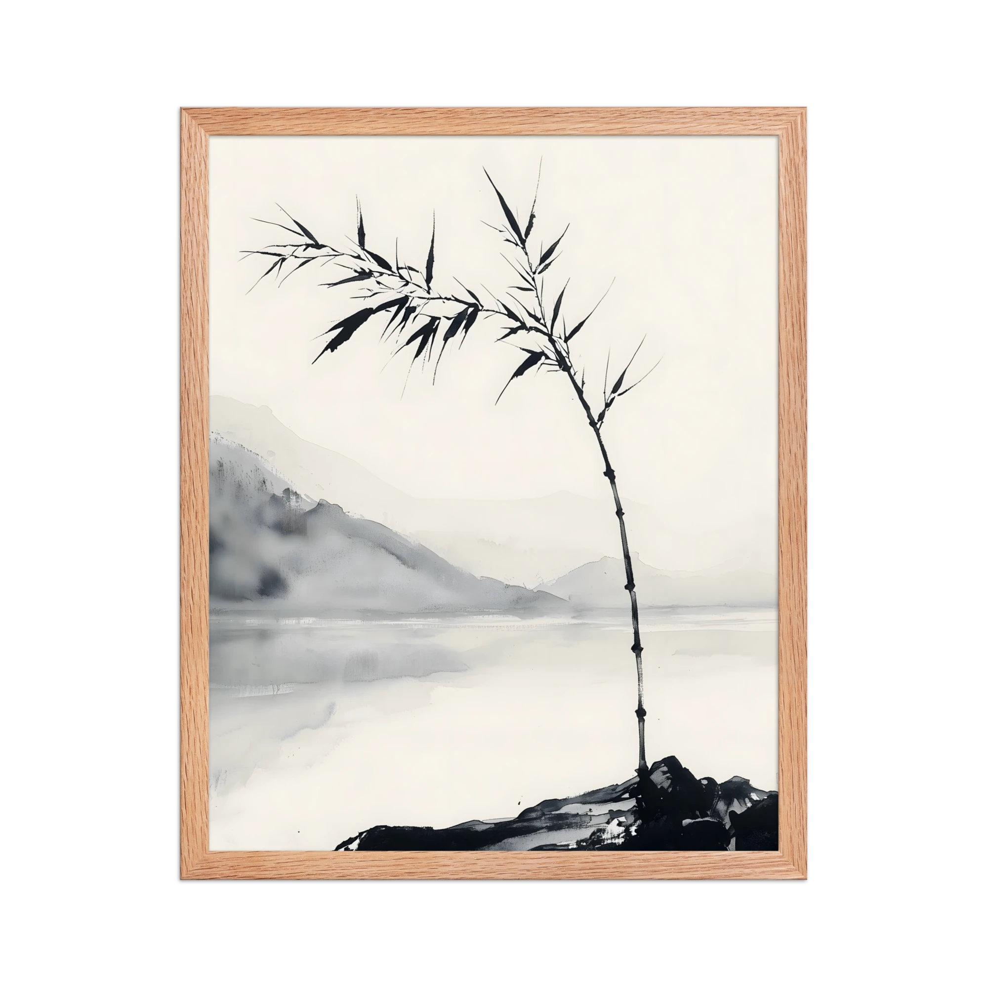 Bamboo in Wind — Japandi zen ink framed print, minimalist Japanese wall art
