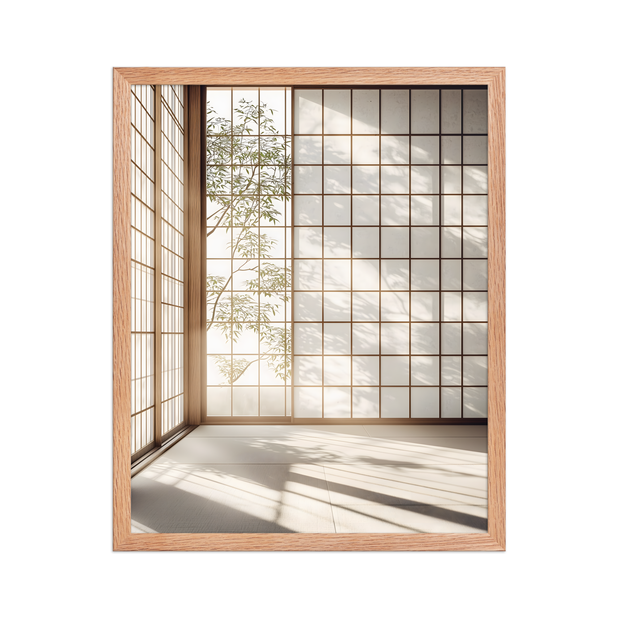Shoji Light — Japandi komorebi framed print, minimalist Japanese wall art