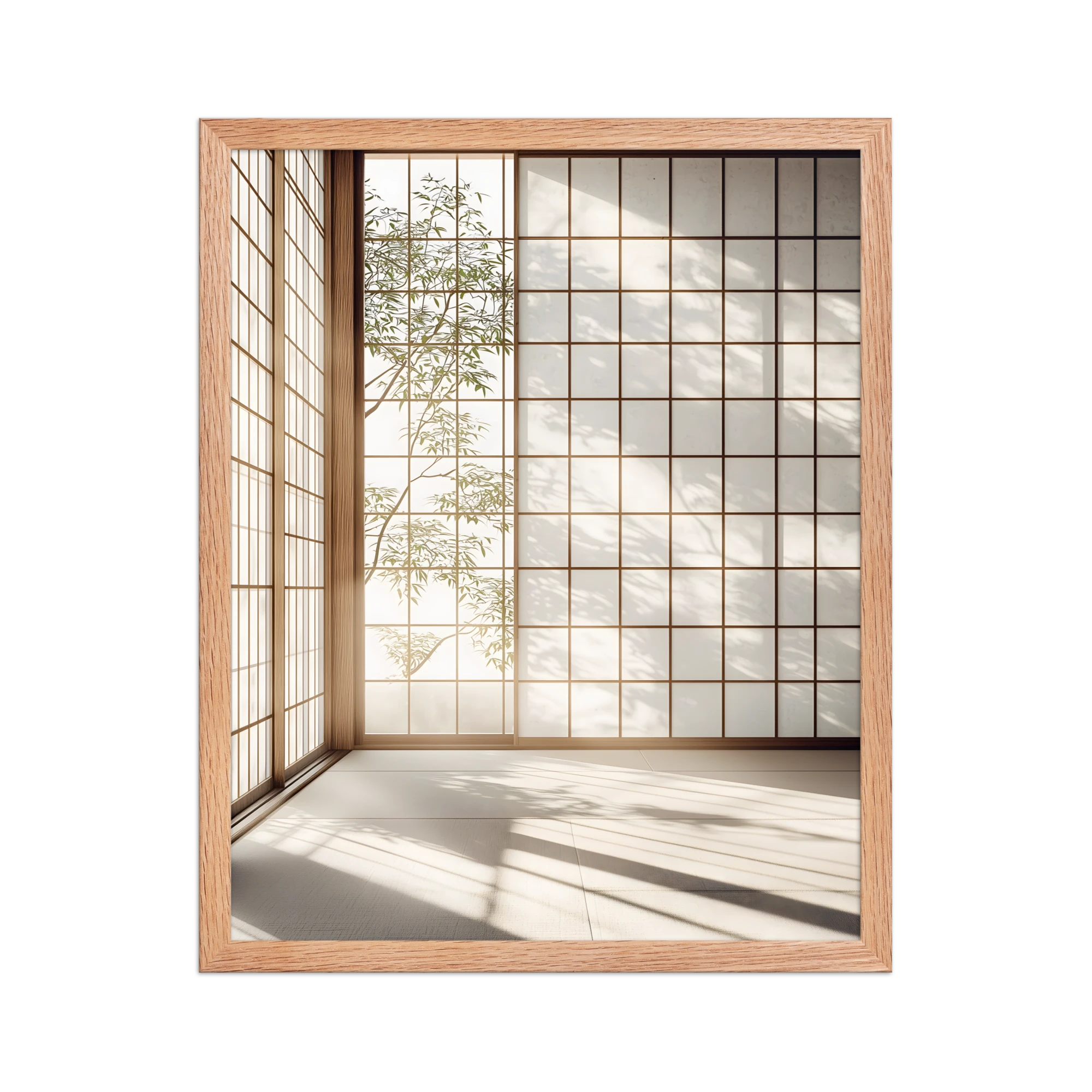 Shoji Light — Japandi komorebi framed print, minimalist Japanese wall art