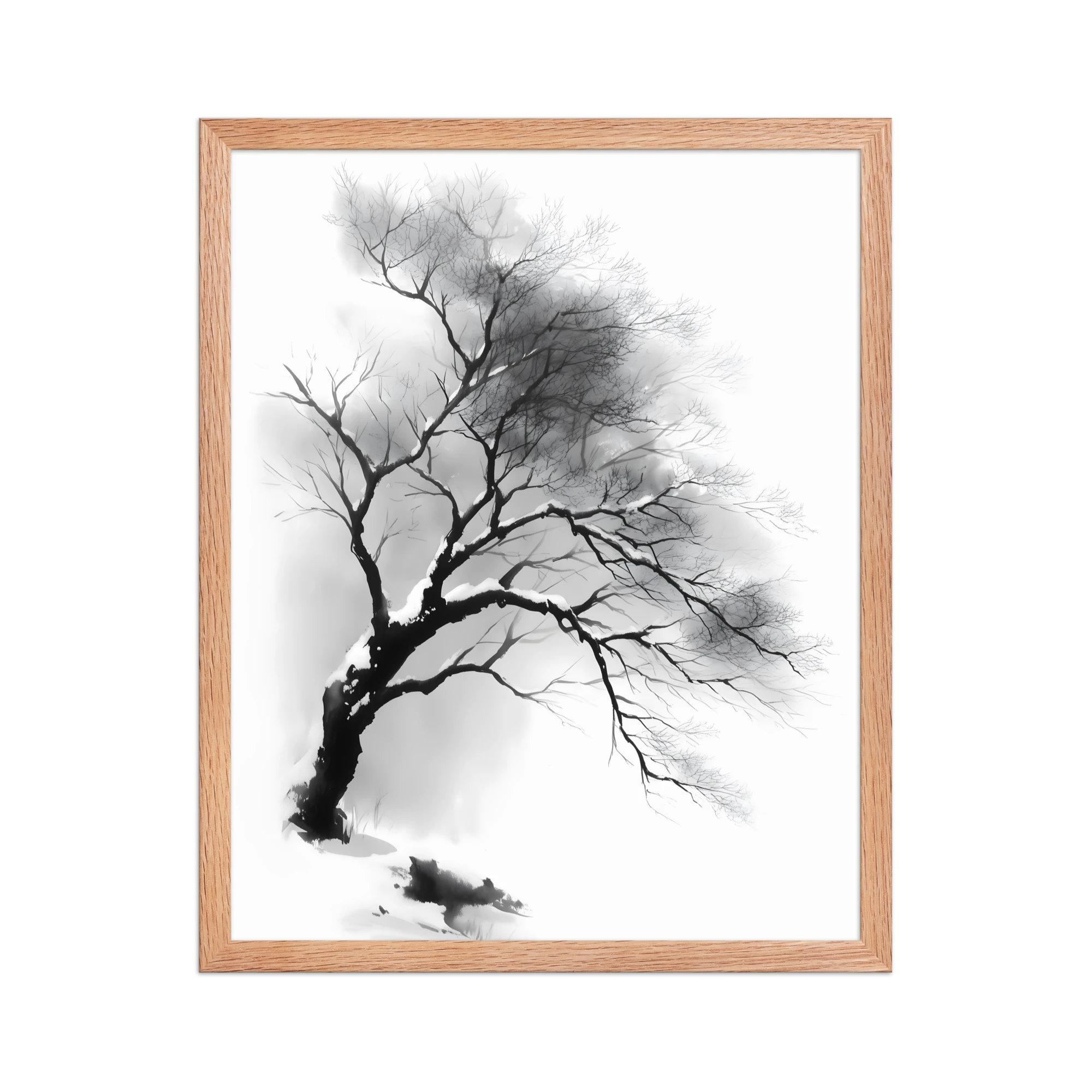 Winter Branch — Japandi zen ink framed print, minimalist Japanese wall art