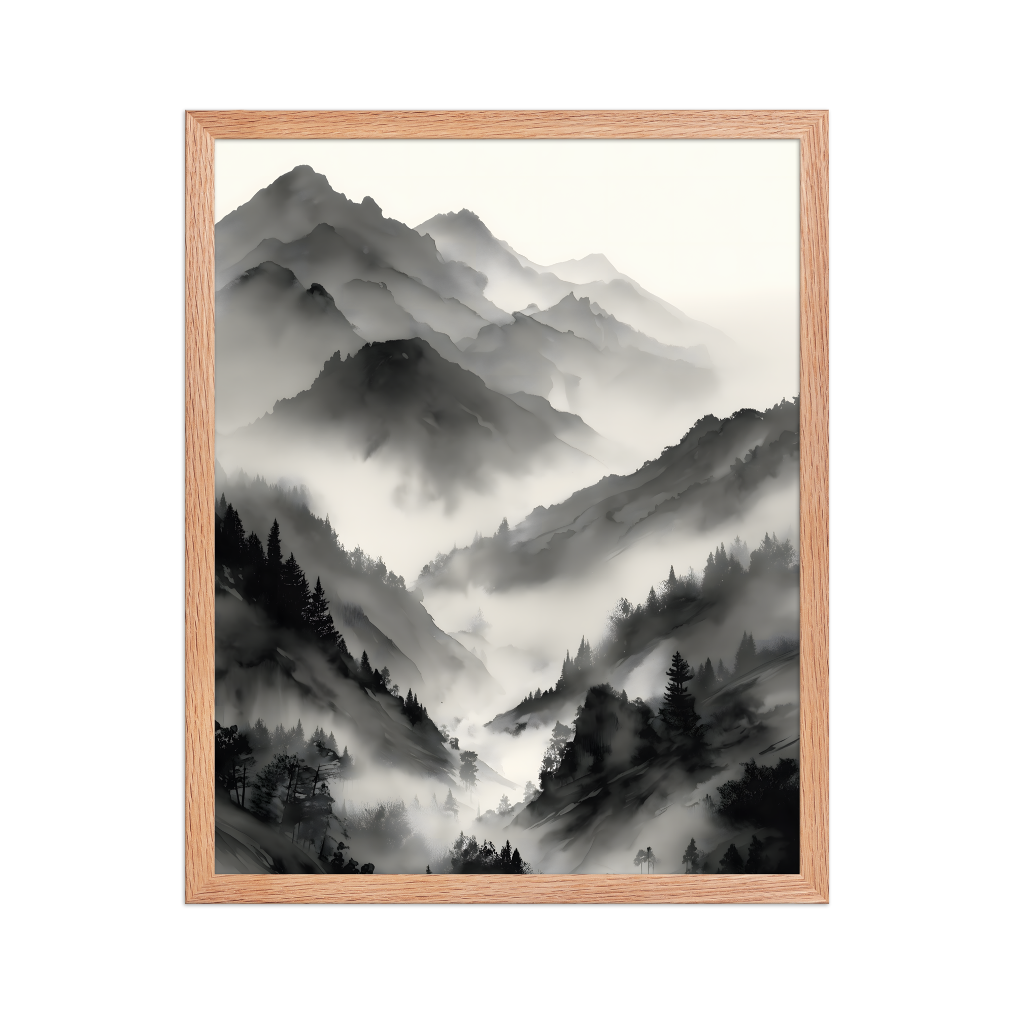 Mist Valley — Japandi zen ink framed print, minimalist Japanese wall art