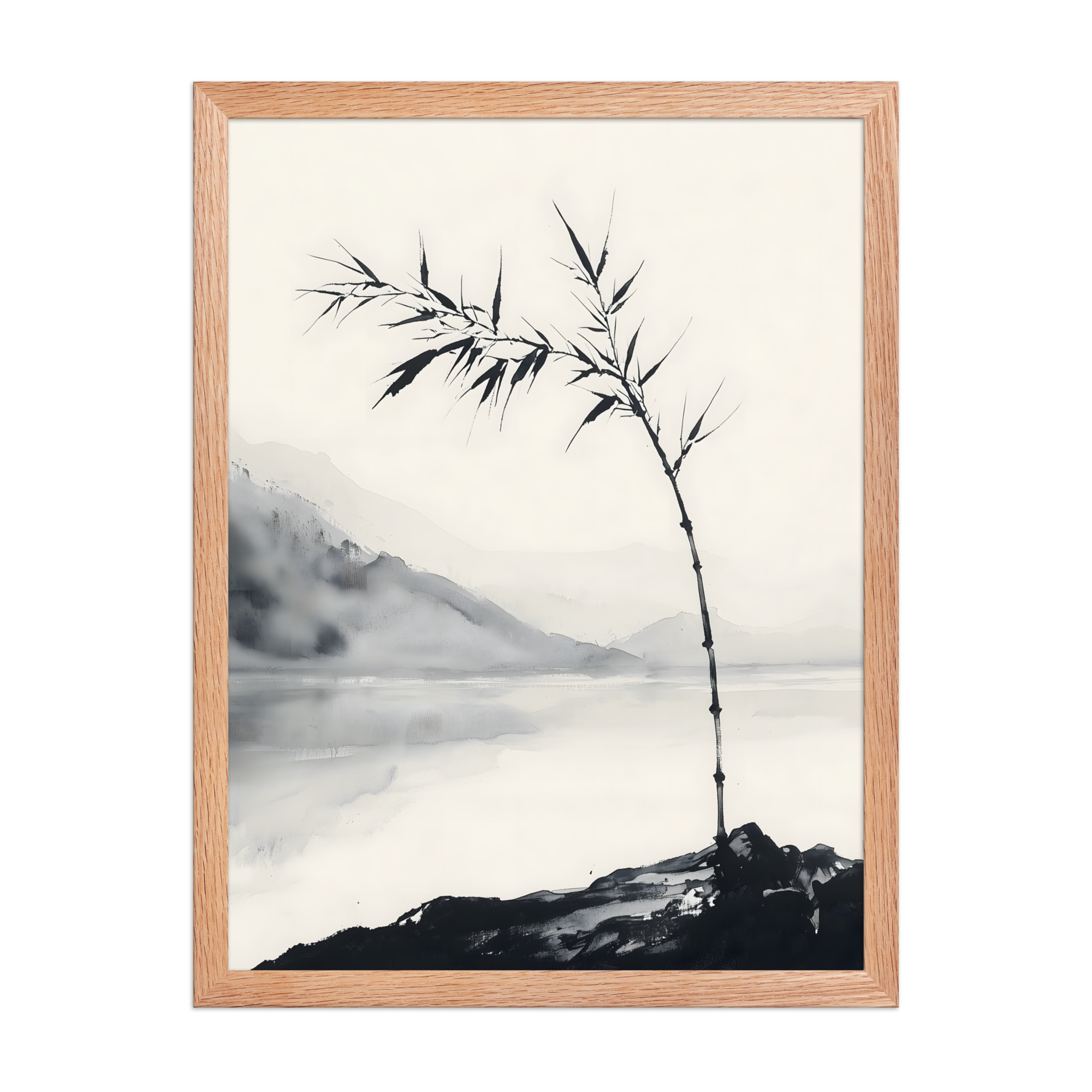 Bamboo in Wind — Japandi zen ink framed print, minimalist Japanese wall art