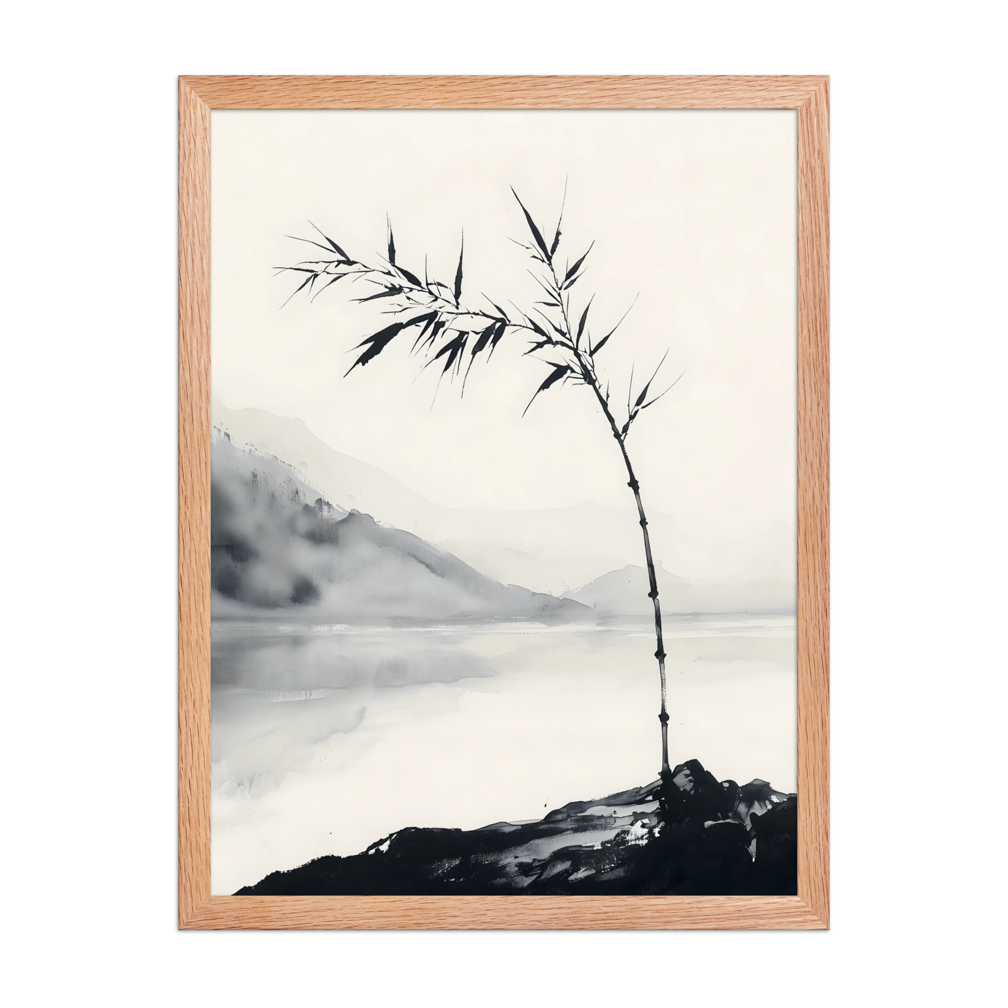 Bamboo in Wind — Japandi zen ink framed print, minimalist Japanese wall art