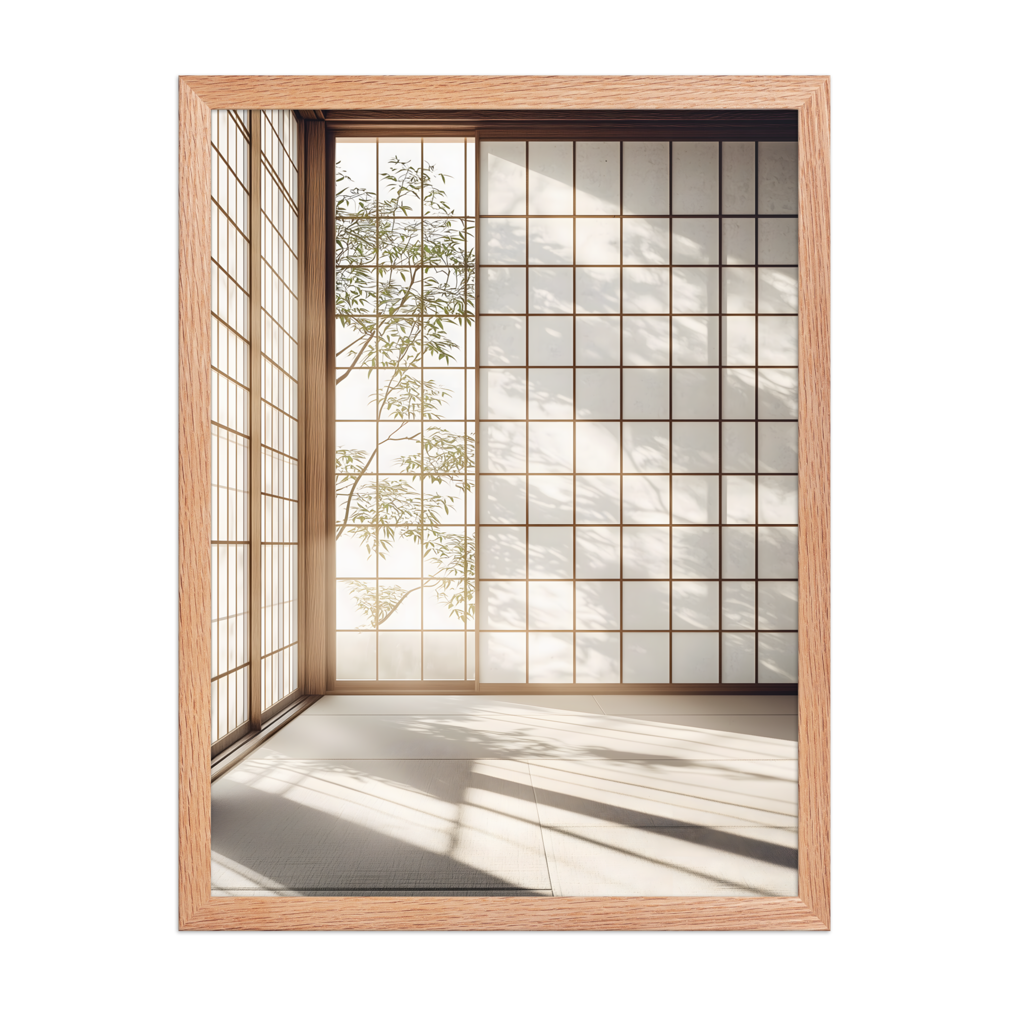 Shoji Light — Japandi komorebi framed print, minimalist Japanese wall art