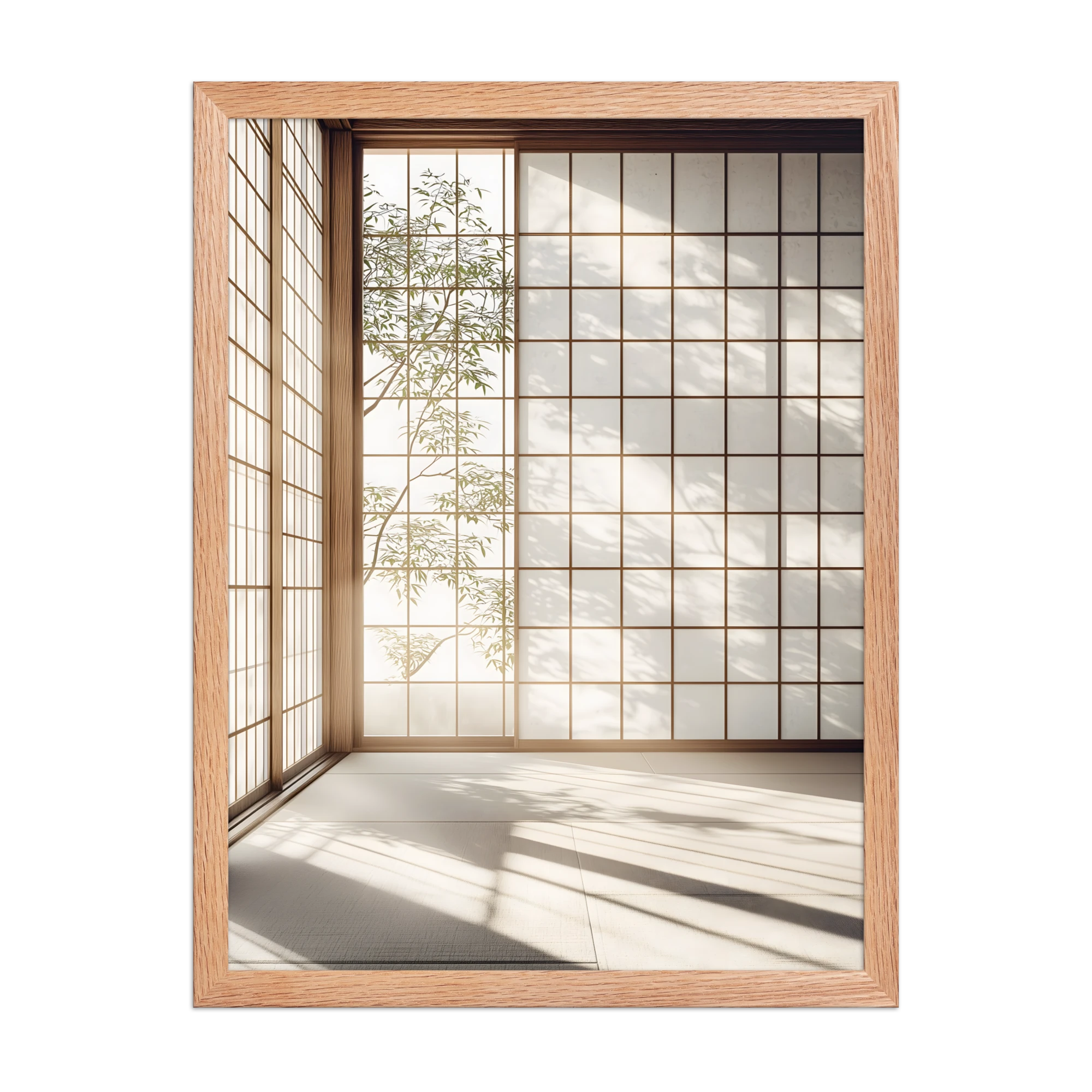 Shoji Light — Japandi komorebi framed print, minimalist Japanese wall art