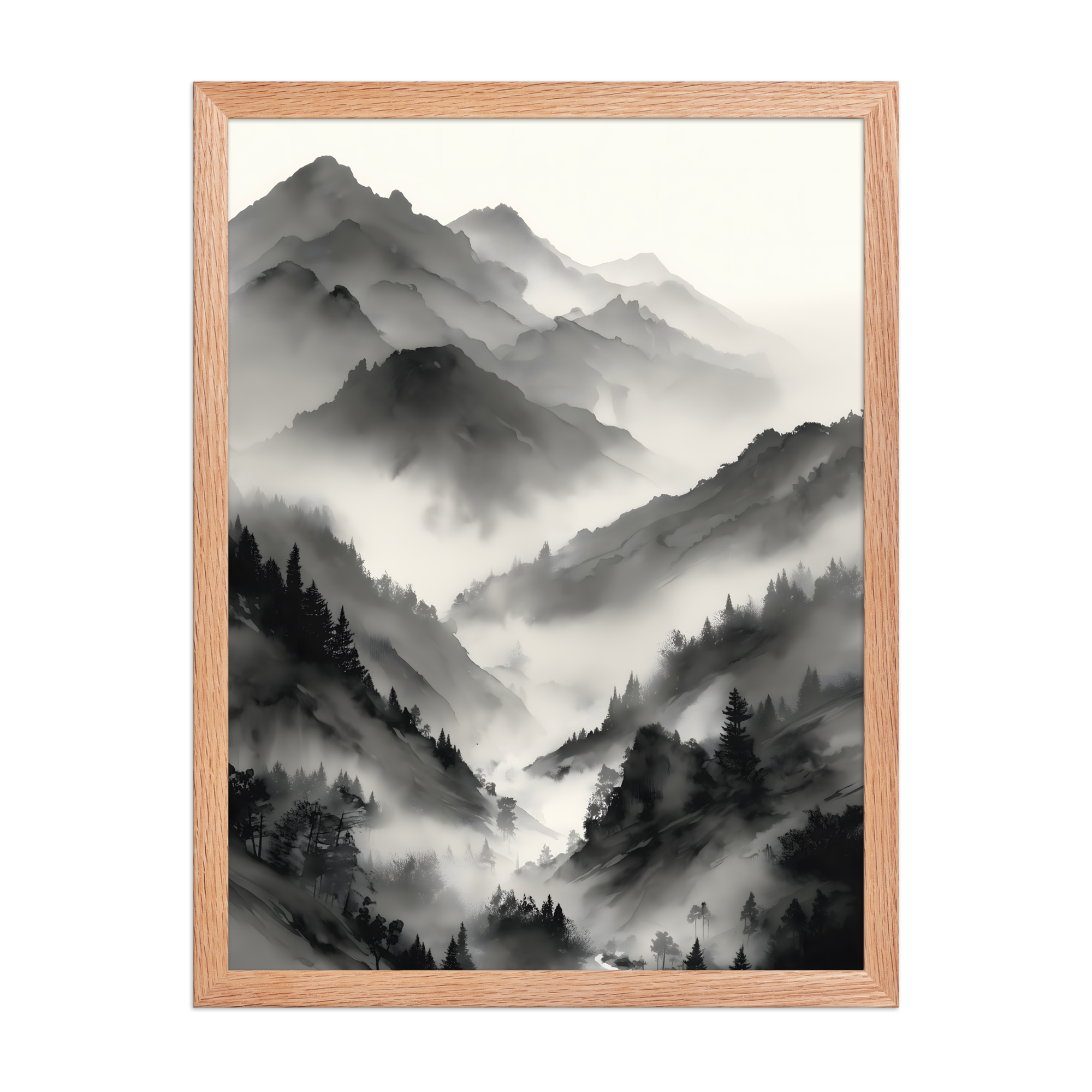 Mist Valley — Japandi zen ink framed print, minimalist Japanese wall art