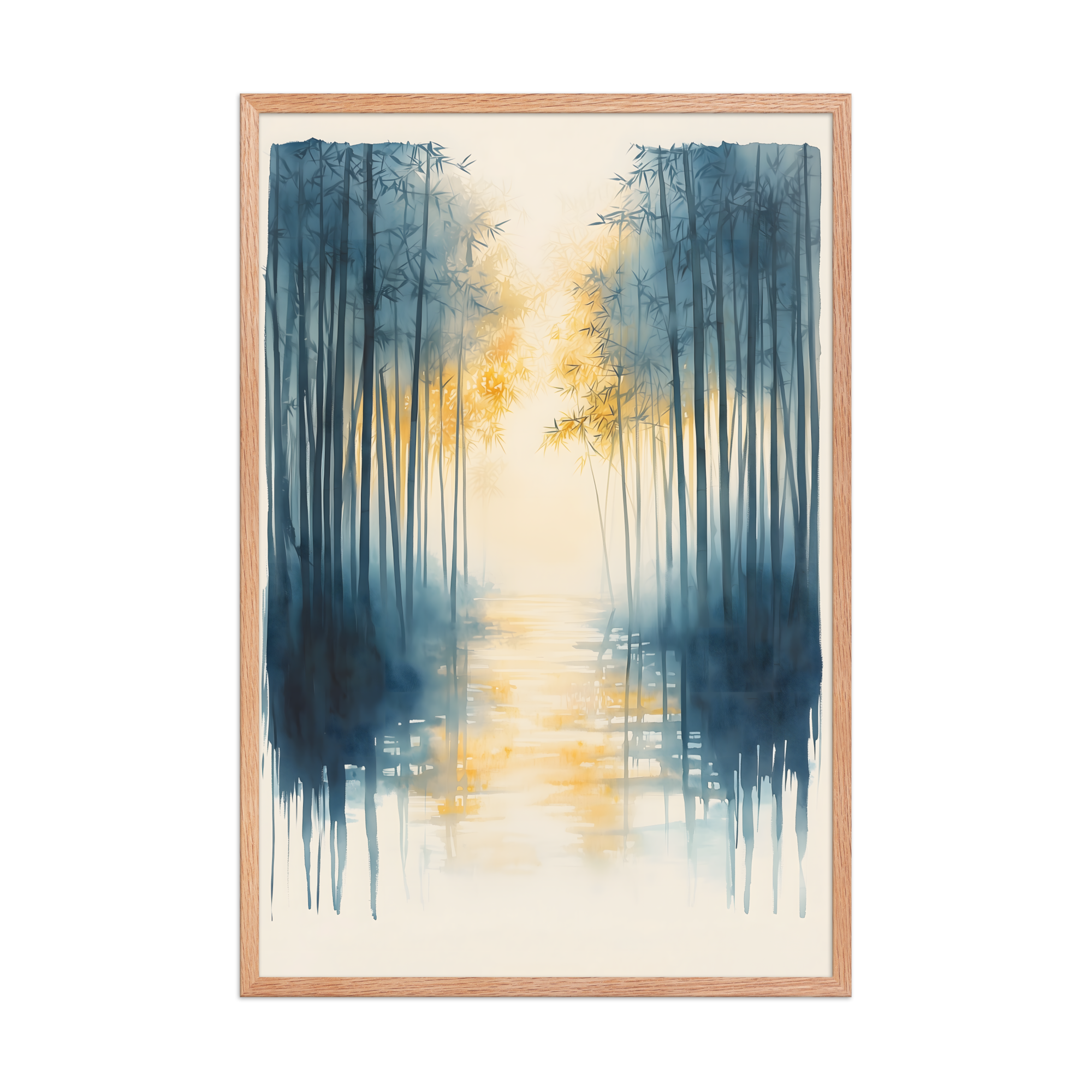 Morning Mist — Japandi komorebi framed print, minimalist Japanese wall art