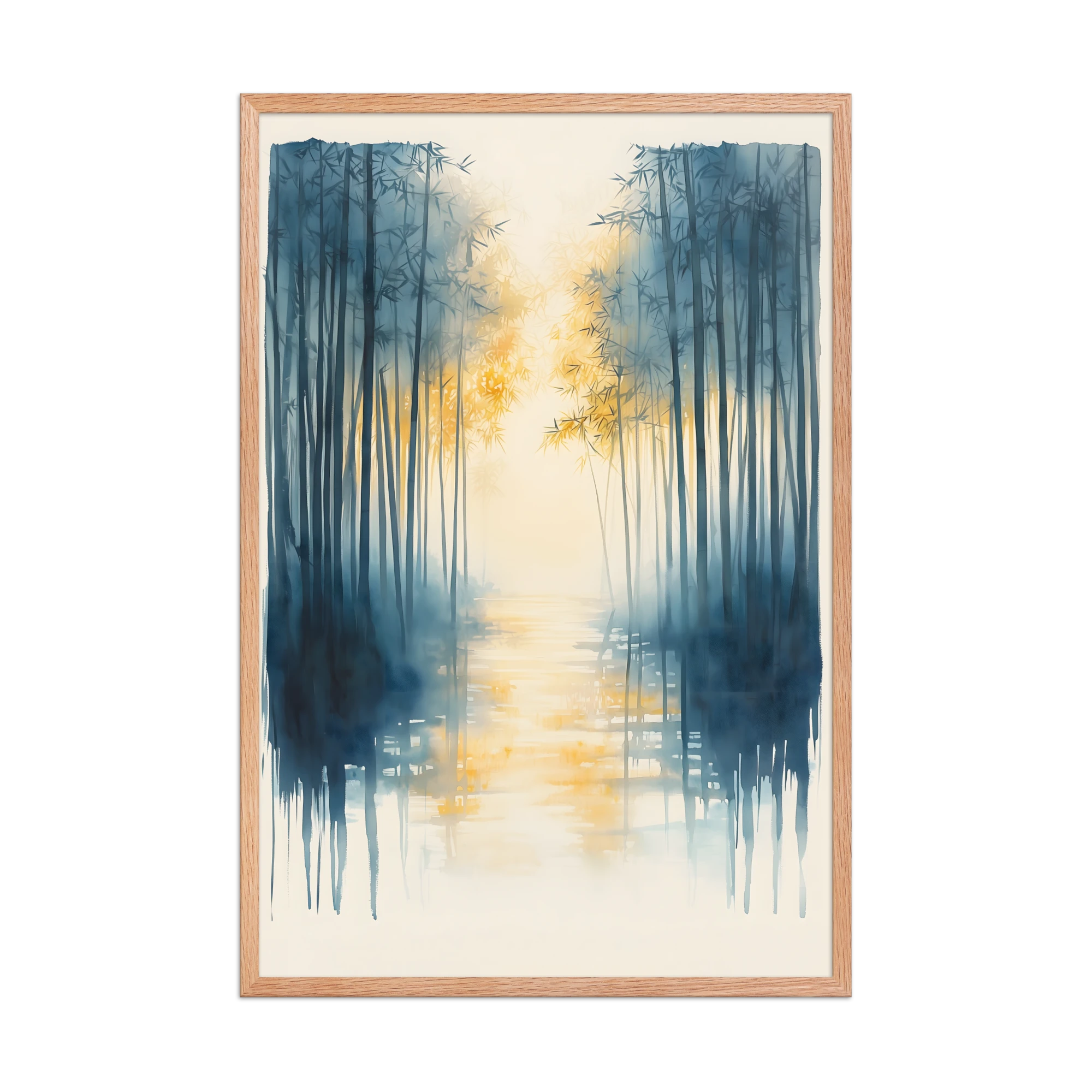 Morning Mist — Japandi komorebi framed print, minimalist Japanese wall art