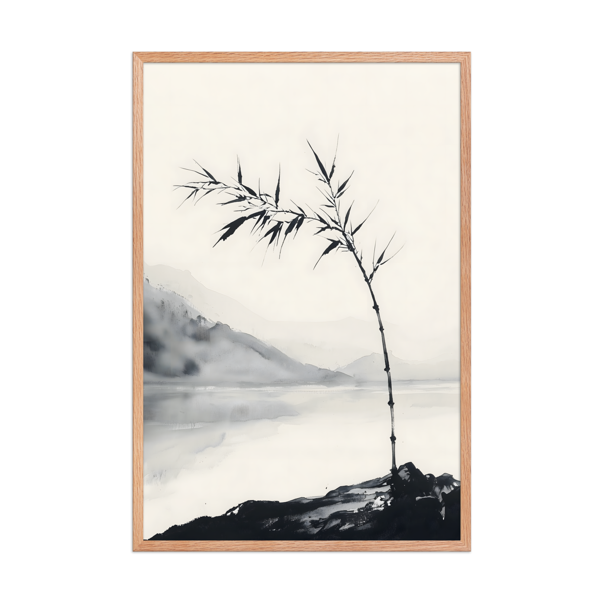 Bamboo in Wind — Japandi zen ink framed print, minimalist Japanese wall art