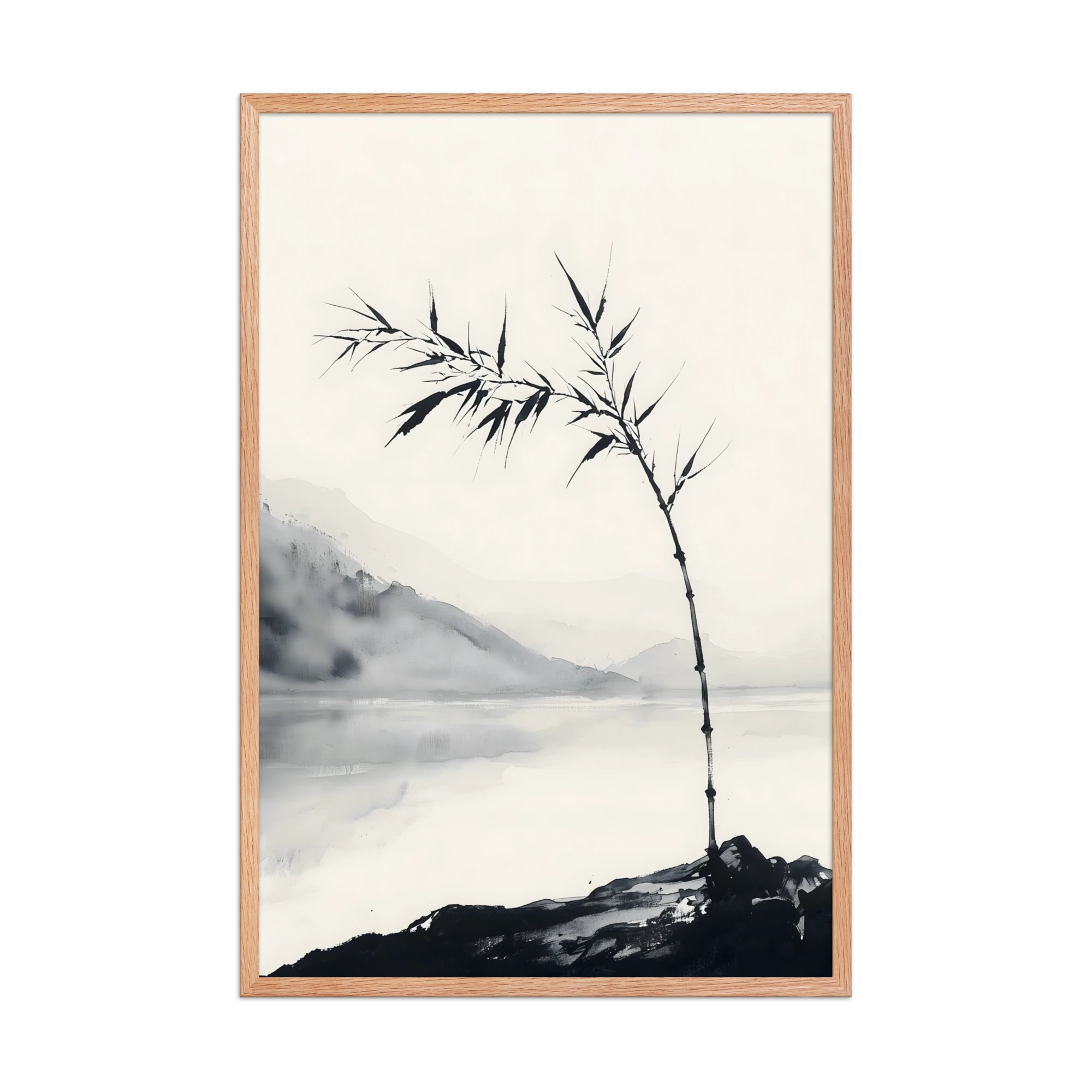 Bamboo in Wind — Japandi zen ink framed print, minimalist Japanese wall art