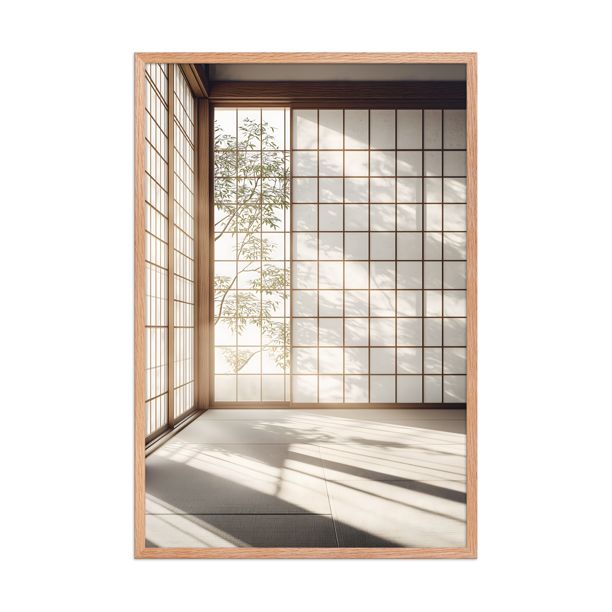 Shoji Light — Japandi komorebi framed print, minimalist Japanese wall art