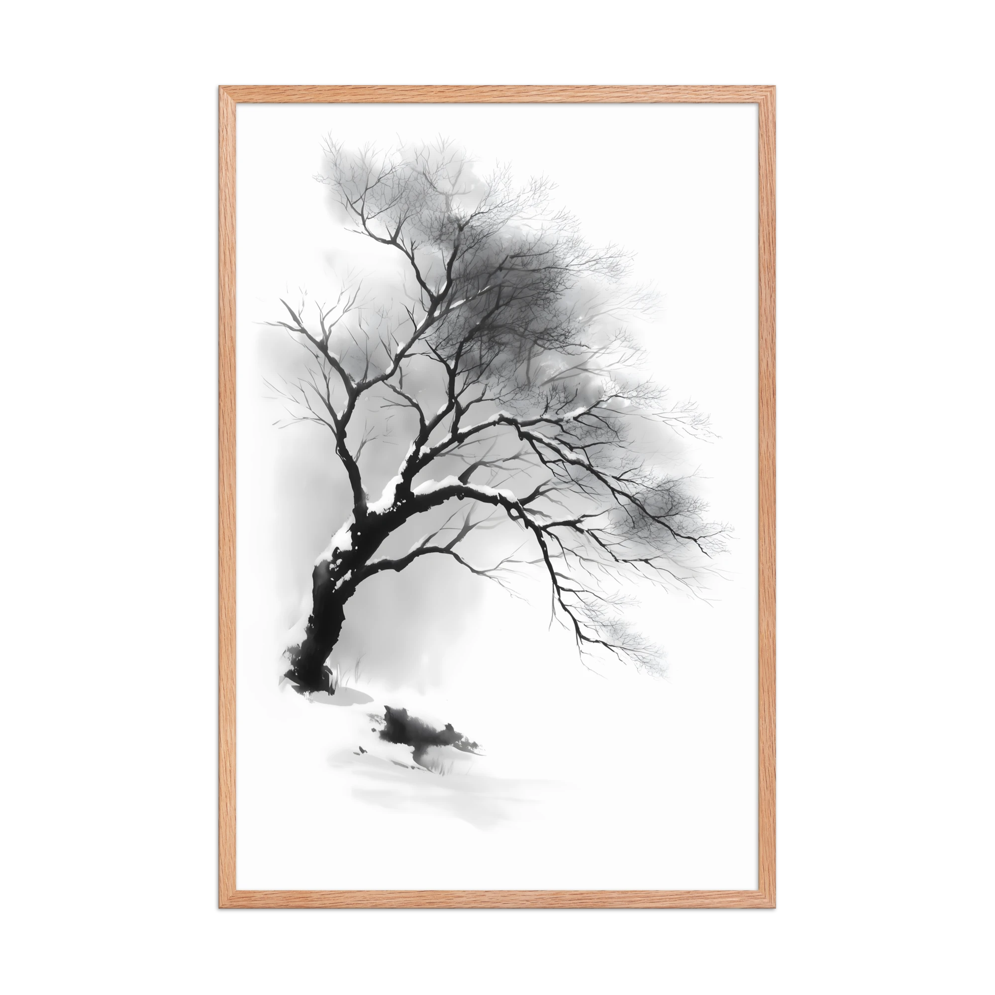 Winter Branch — Japandi zen ink framed print, minimalist Japanese wall art