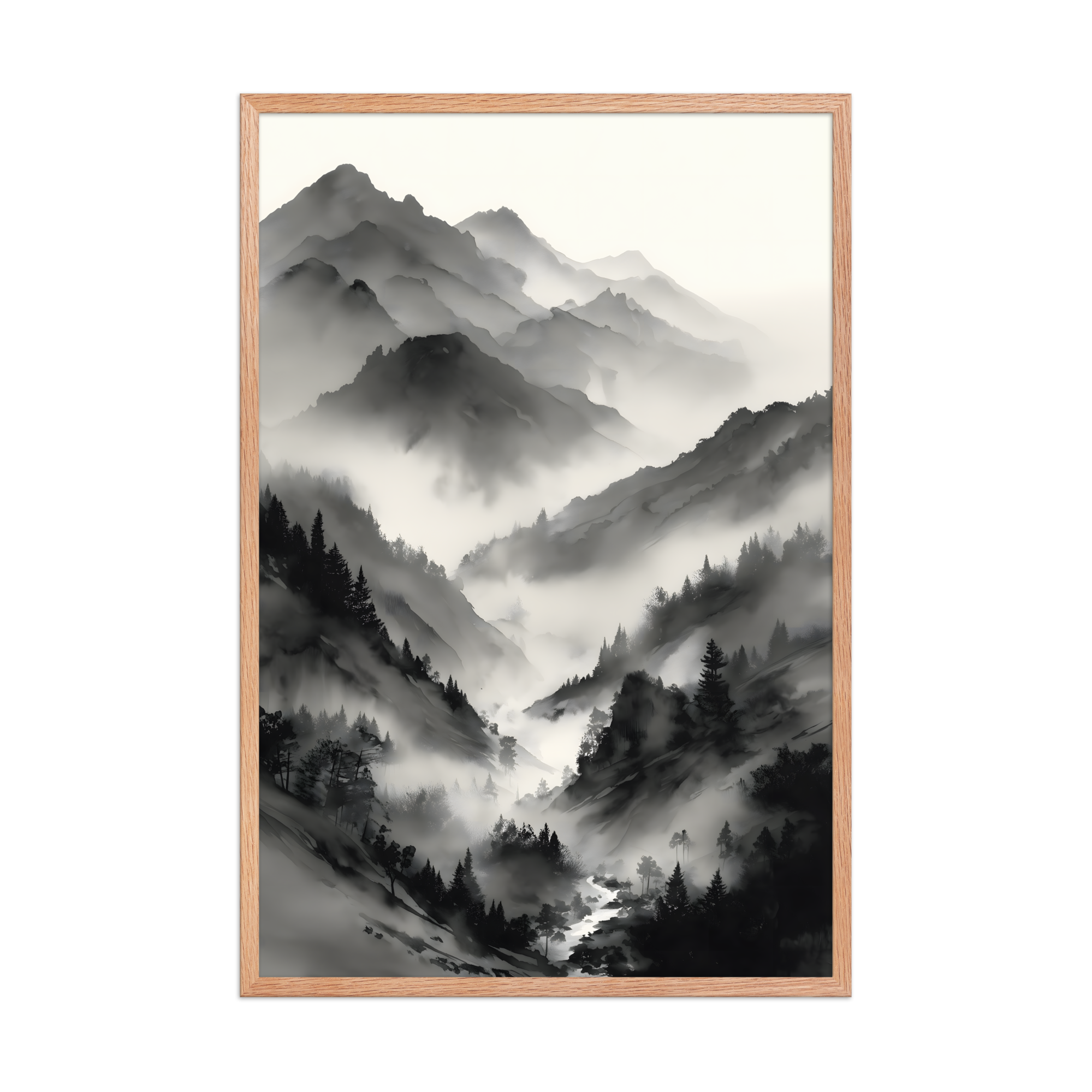 Mist Valley — Japandi zen ink framed print, minimalist Japanese wall art