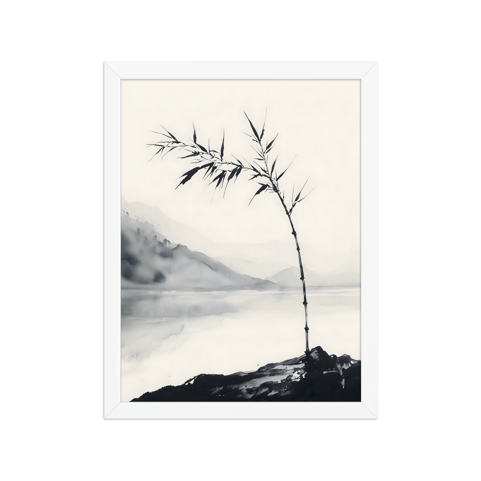 Bamboo in Wind — Japandi zen ink framed print, minimalist Japanese wall art