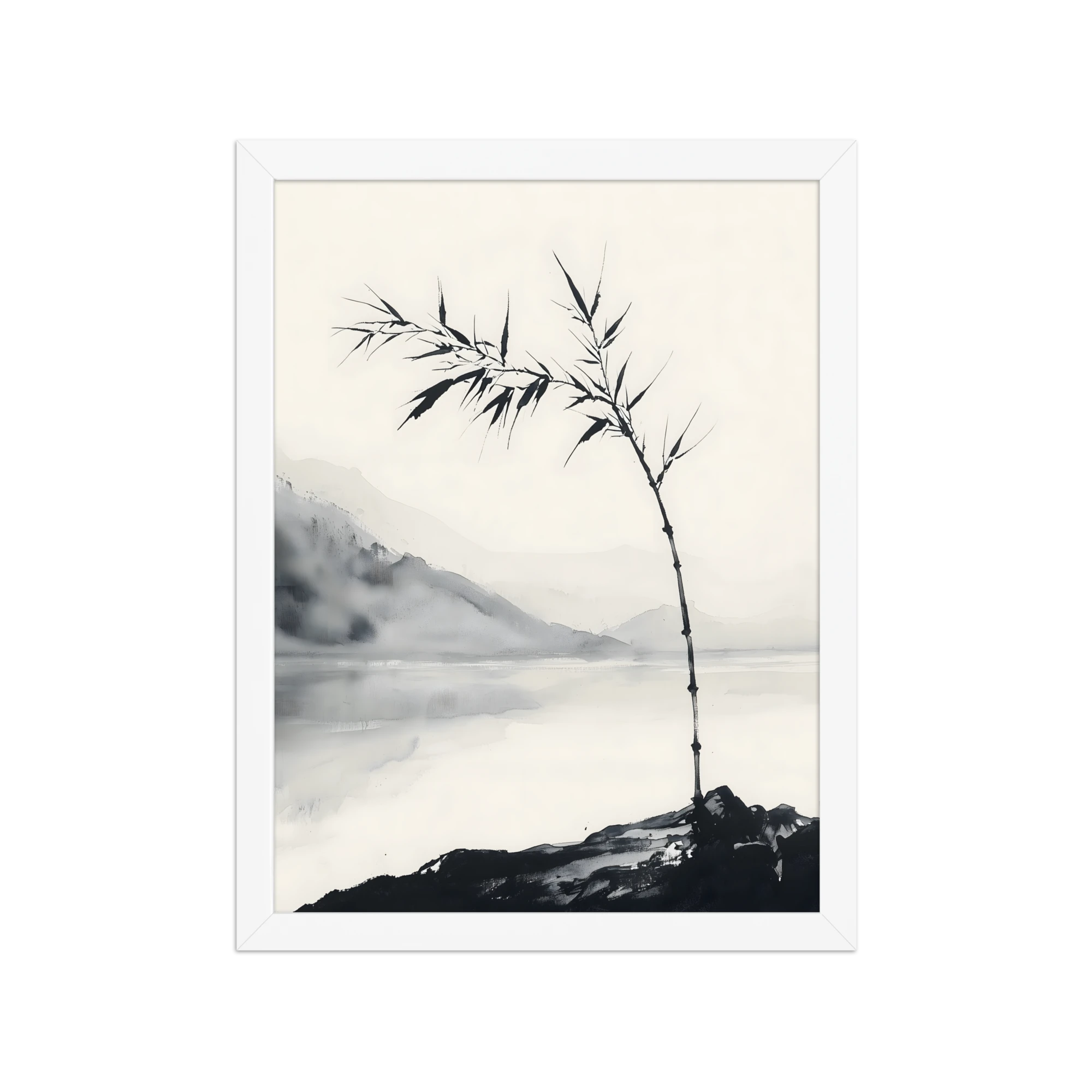Bamboo in Wind — Japandi zen ink framed print, minimalist Japanese wall art