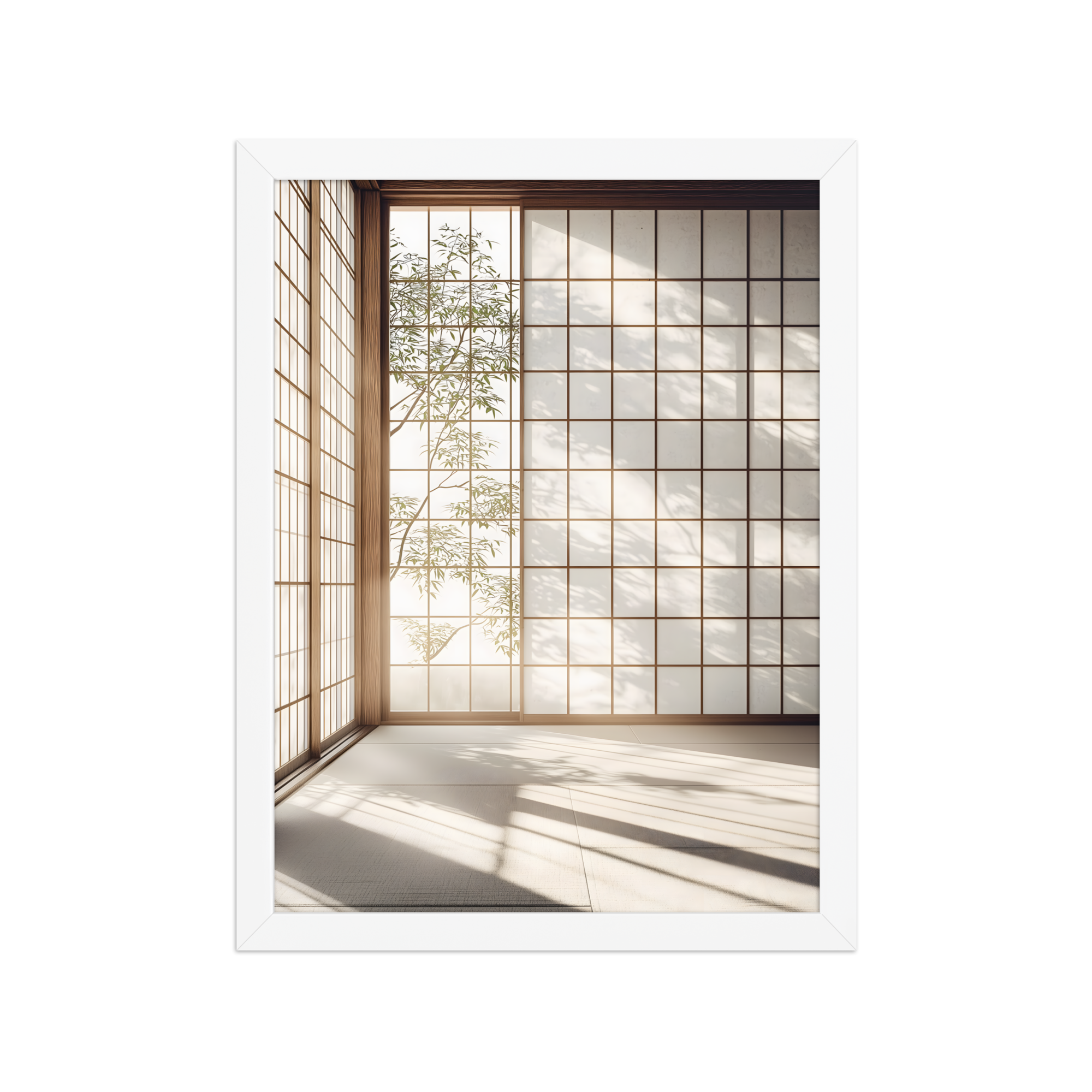 Shoji Light — Japandi komorebi framed print, minimalist Japanese wall art