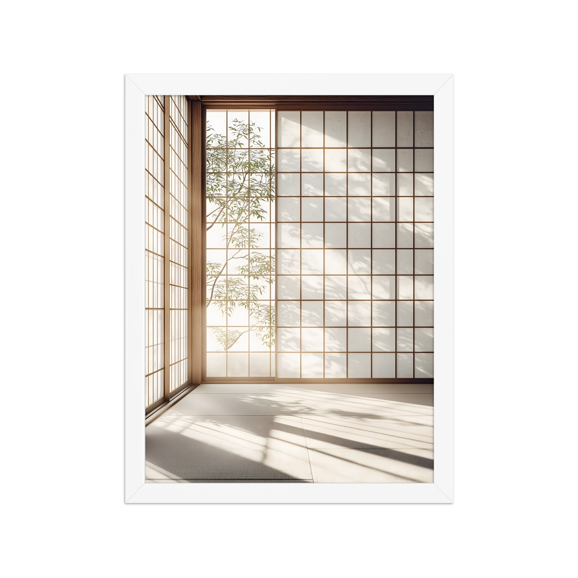 Shoji Light — Japandi komorebi framed print, minimalist Japanese wall art