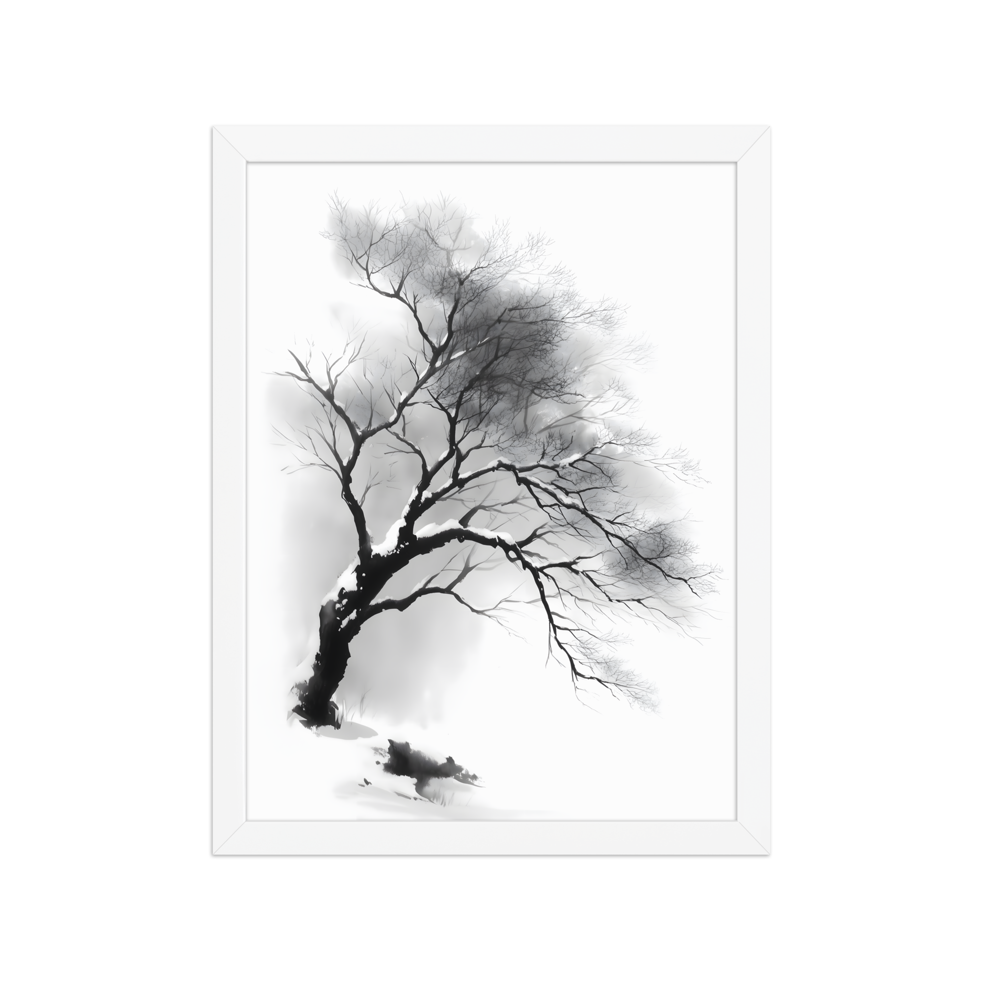 Winter Branch — Japandi zen ink framed print, minimalist Japanese wall art