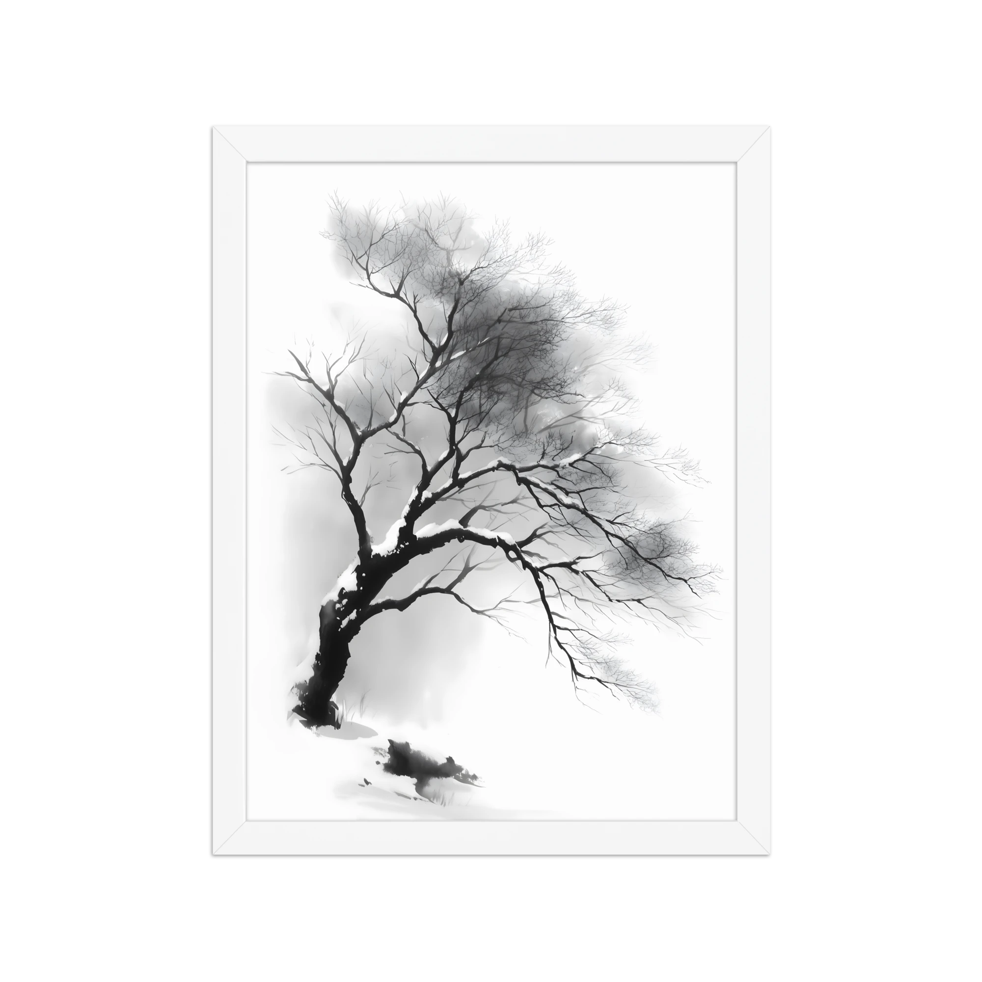 Winter Branch — Japandi zen ink framed print, minimalist Japanese wall art