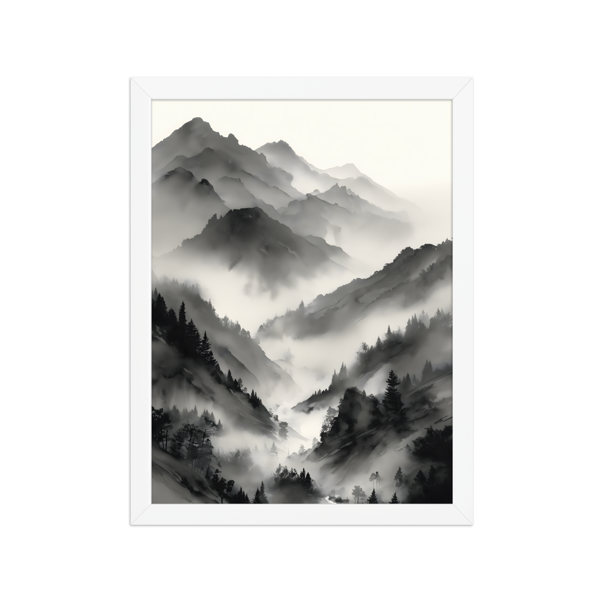 Mist Valley — Japandi zen ink framed print, minimalist Japanese wall art