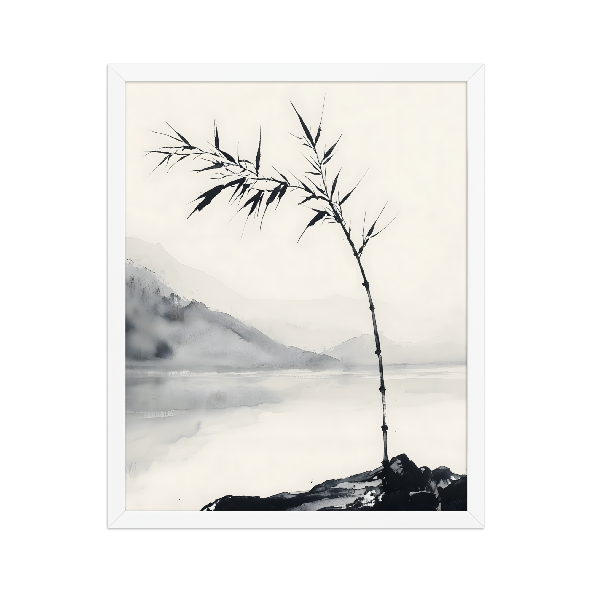 Bamboo in Wind — Japandi zen ink framed print, minimalist Japanese wall art