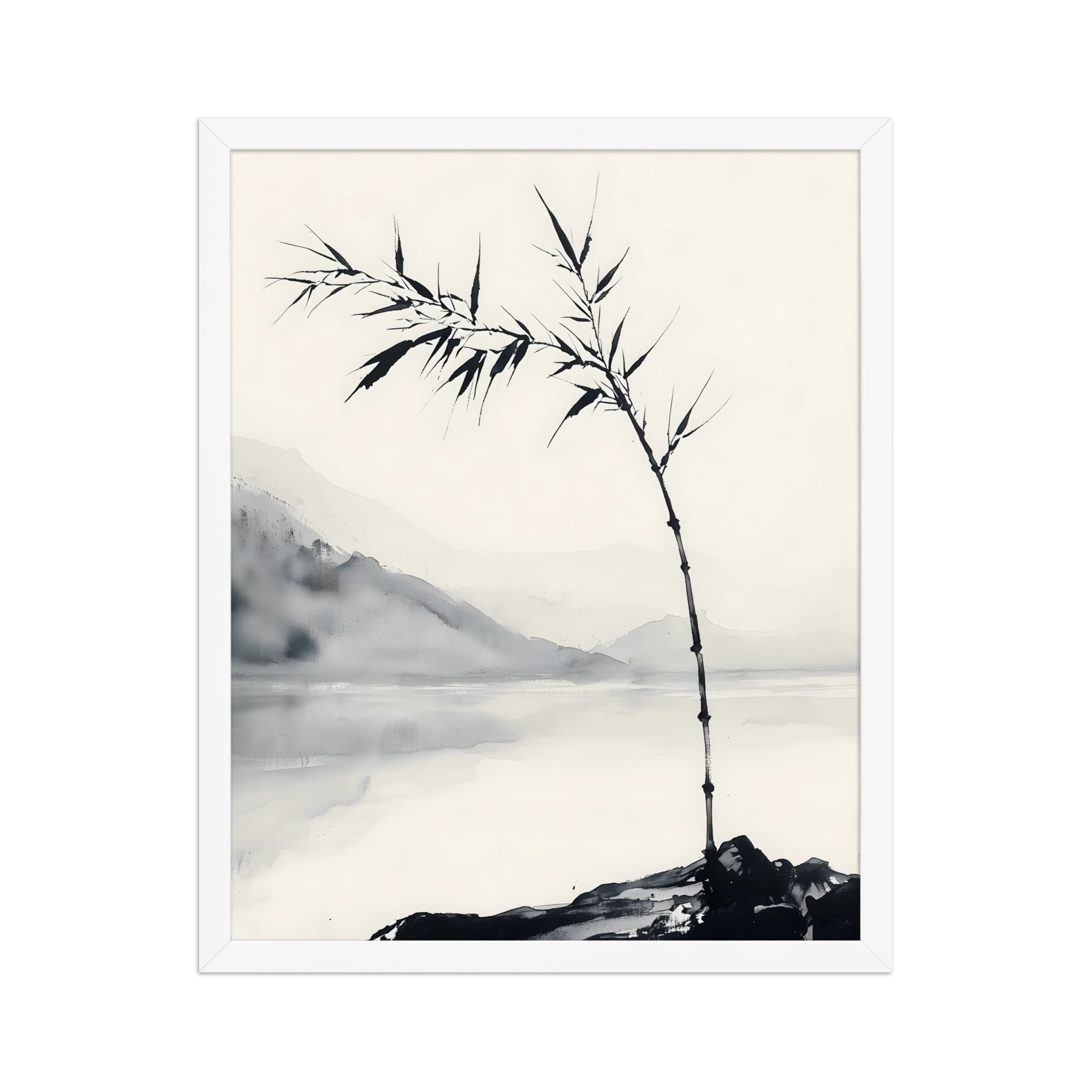 Bamboo in Wind — Japandi zen ink framed print, minimalist Japanese wall art