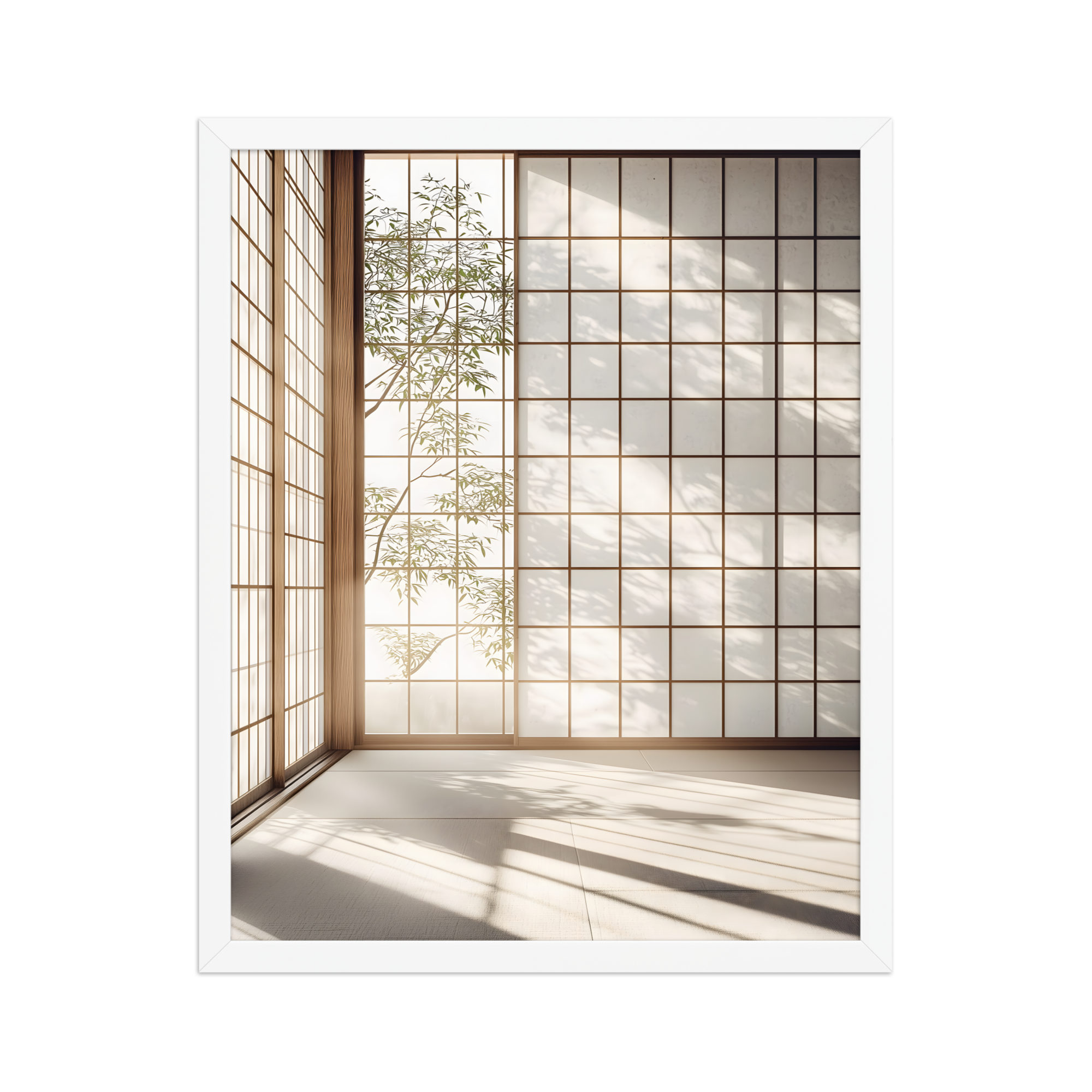 Shoji Light — Japandi komorebi framed print, minimalist Japanese wall art