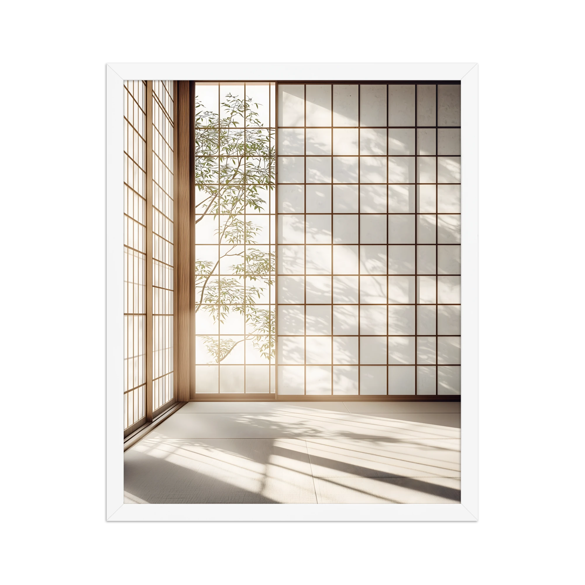 Shoji Light — Japandi komorebi framed print, minimalist Japanese wall art
