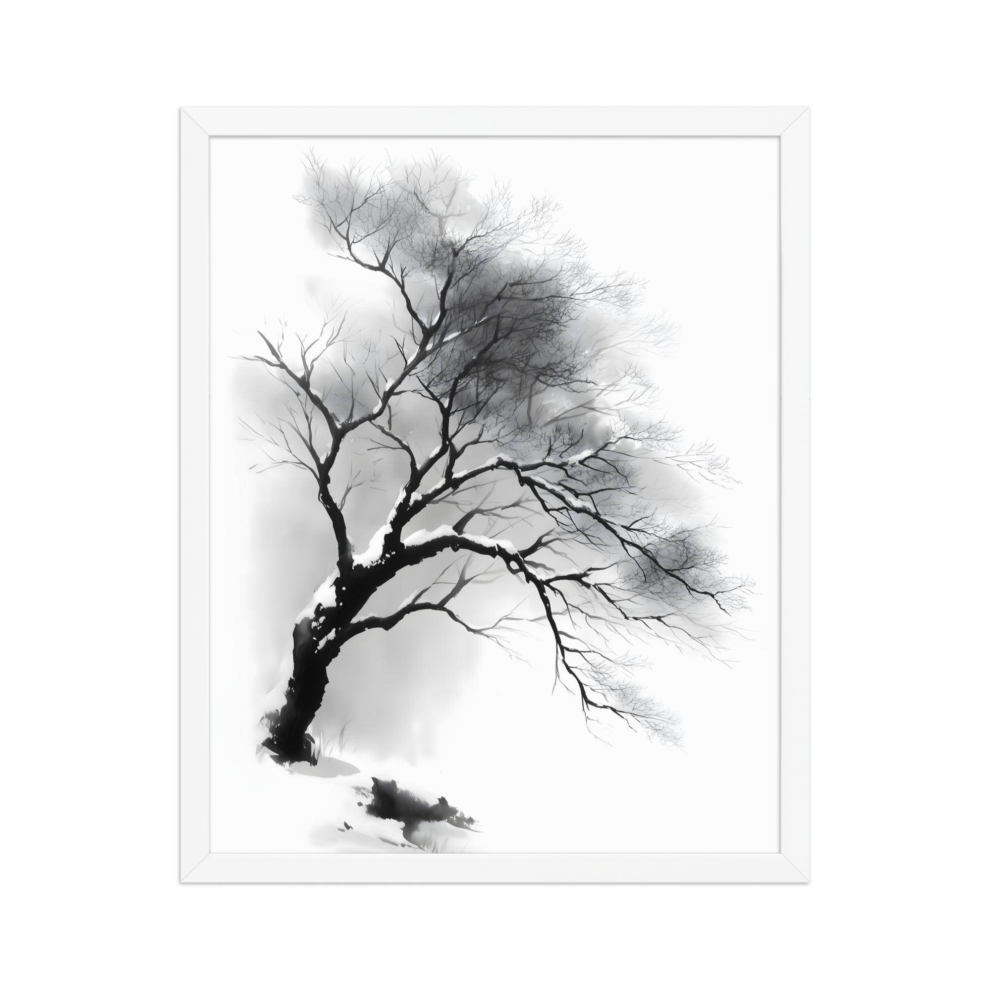 Winter Branch — Japandi zen ink framed print, minimalist Japanese wall art