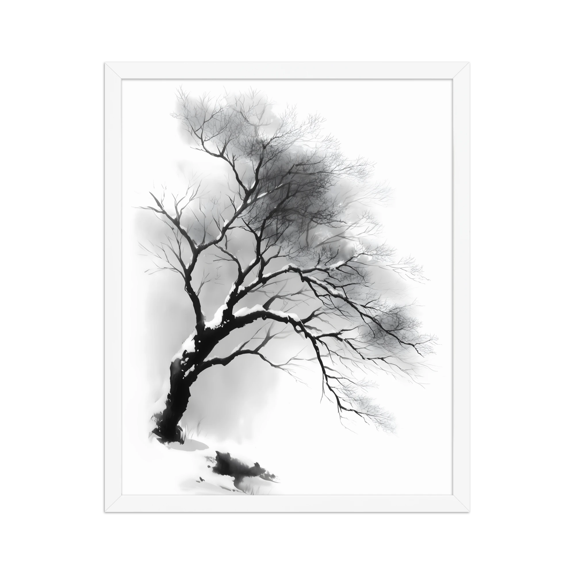 Winter Branch — Japandi zen ink framed print, minimalist Japanese wall art