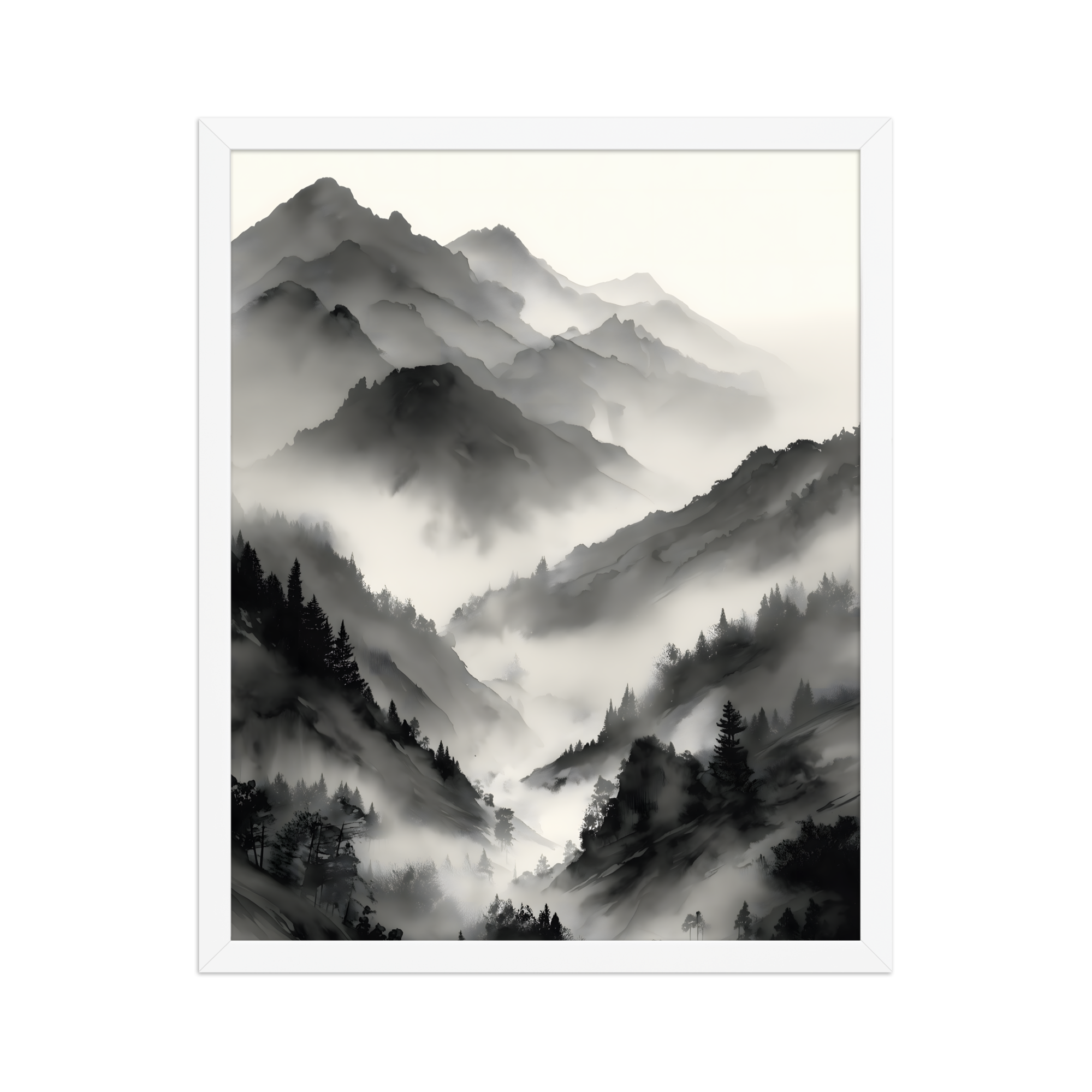 Mist Valley — Japandi zen ink framed print, minimalist Japanese wall art
